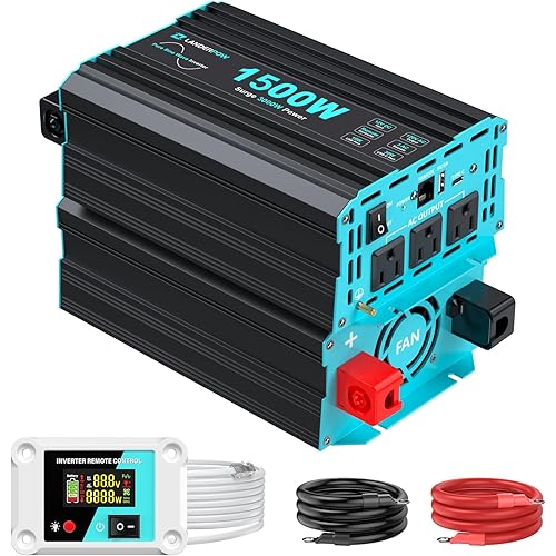 1500 Watt Pure Sine Wave Inverter, 12V DC to 120V AC Inverters for Car, RV, Truck, Home, Camping, Solar Power Inverter with 3 AC Outlet, 30W USB-C, 5V 3.1A USB, Remote Control, Surge 3000W