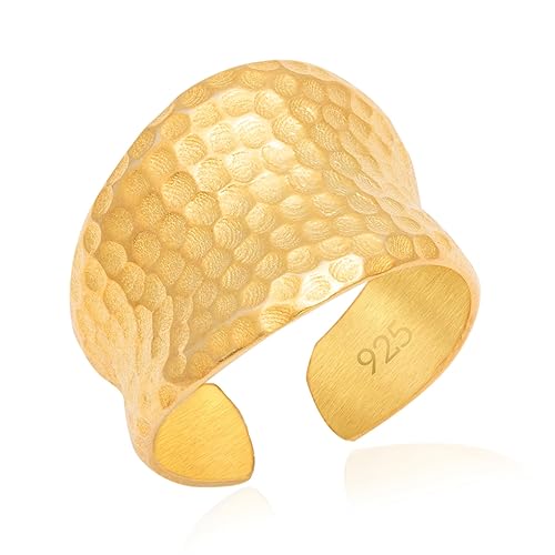 DALMARKT Handmade Hammered 925 Sterling Silver statement Ring for Women, boho classic shiny thick wide band thumb rings (Gold, 6-8 Adjustable)