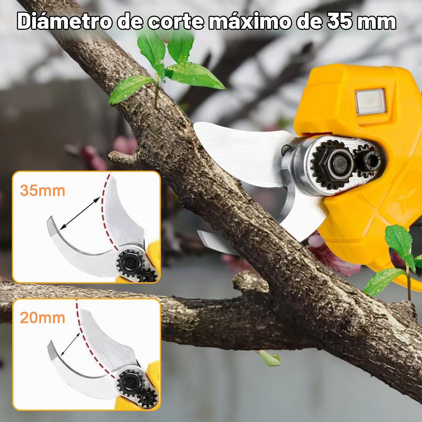 JIMACRO 35mm Tijeras Podar Electricas Brushless, 2 Niveles Ajustables Podadoras Profesionales con 2 * 2000mAh Baterías & LCD,Tijeras Eléctricas de Podar Inalámbricas para Jardinería Arboles Frutales