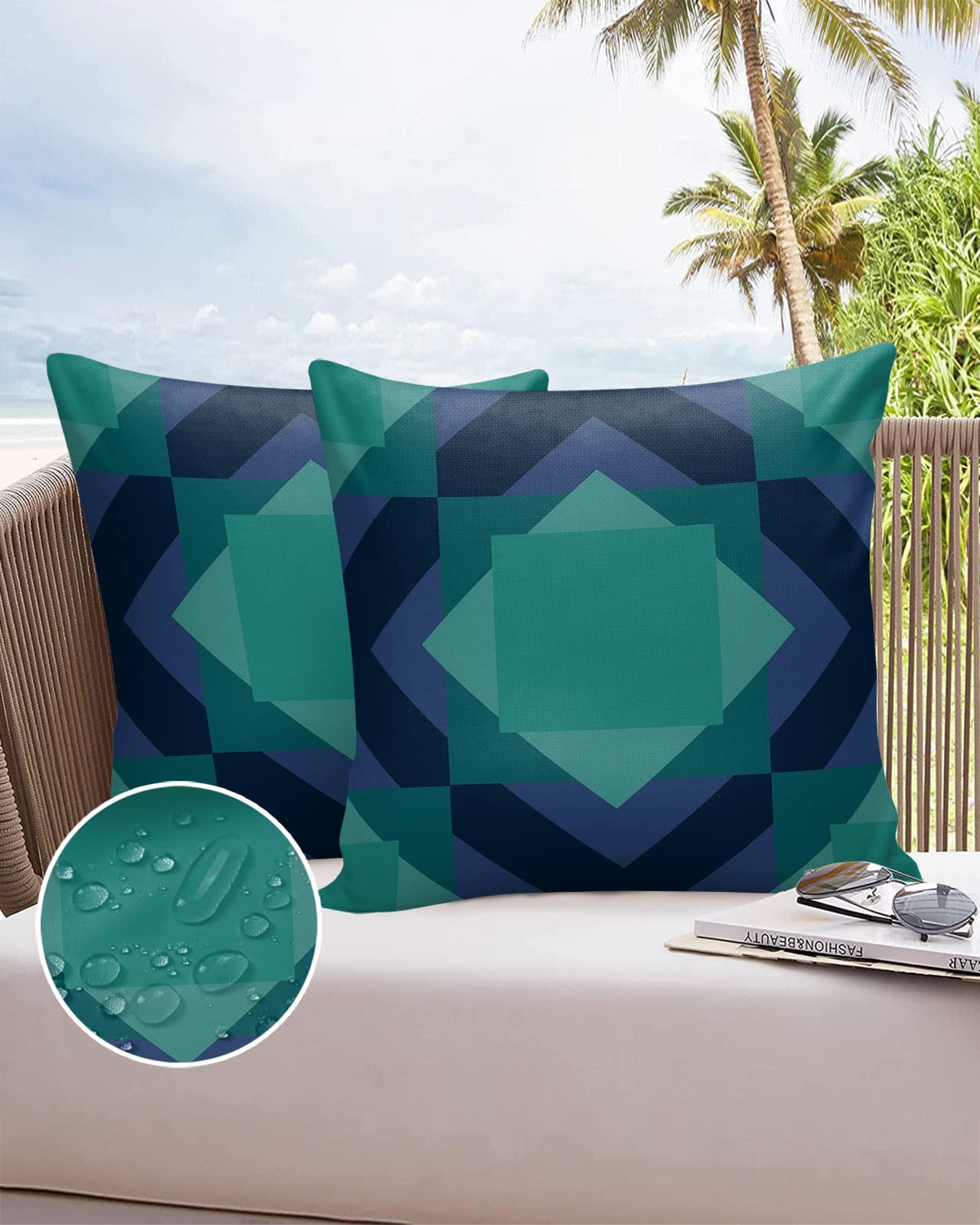 Edwiinsa Outdoor Pillow Covers Waterproof, Navy Blue Teal All Weather Cushion Case Set of 2, Modern Turquoise Geometric Plaid Decorative Pillowcases for Sofa Couch Bed Decor Patio Furniture 24