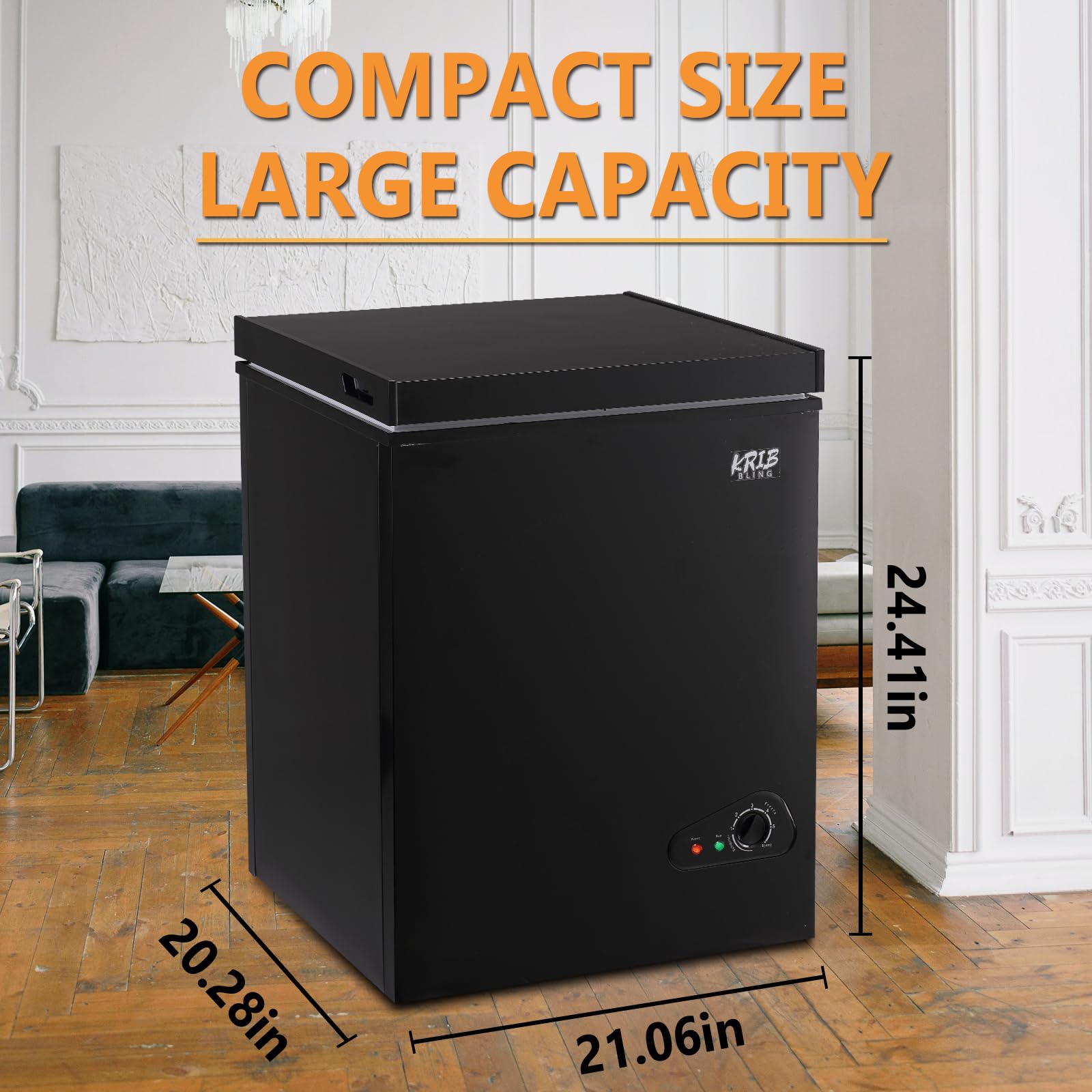 Krib Bling Chest Freezer With Removable Basket, 3.5 Cu. Ft Mini Freezer 7 Temperature Levels Thermostat, Top Door Open, Ideal For Home, Kitchen & Office, Black on Fridge.com - View 5