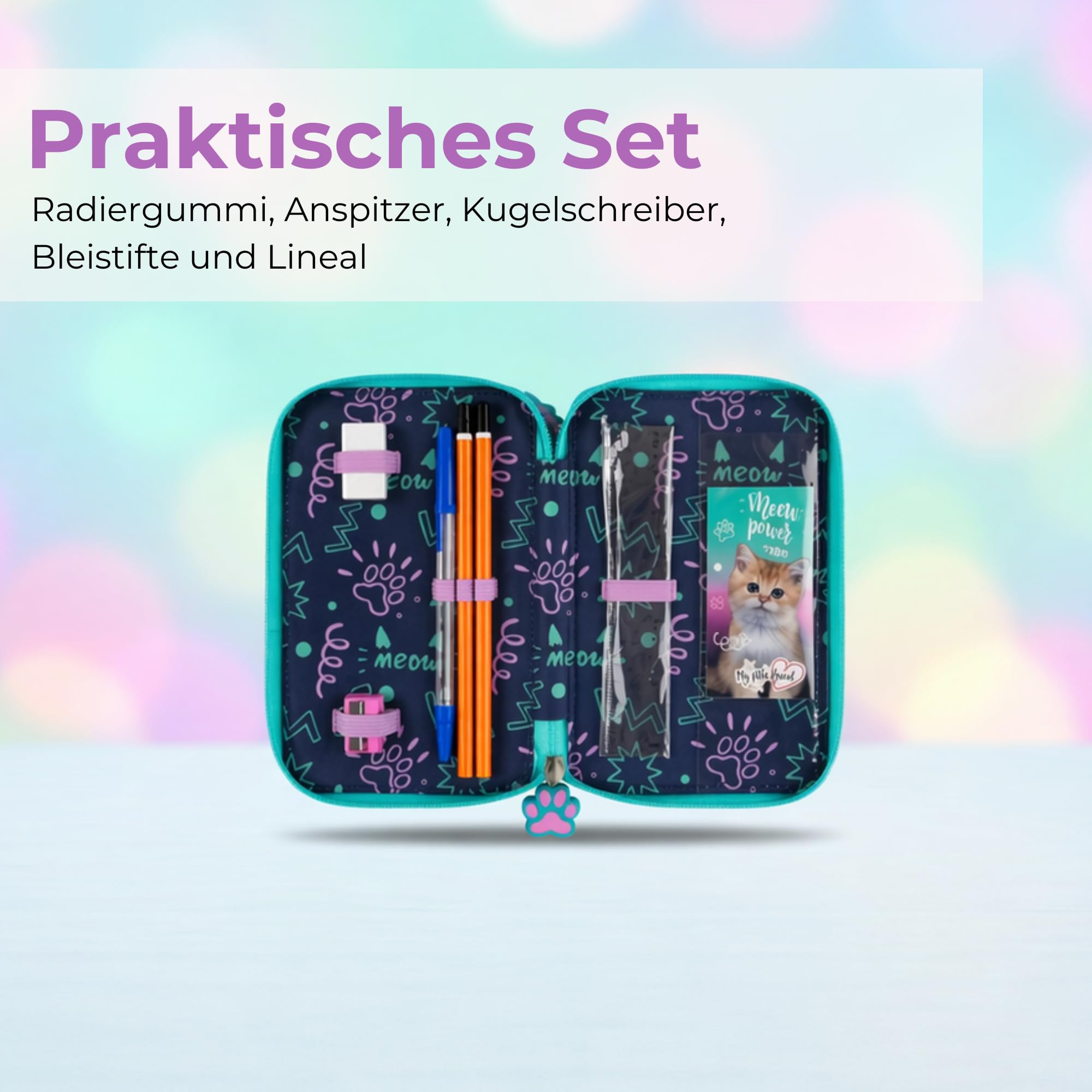 Goldkids - Federmäppchen 3 Fächer - Mäppchen für Mädchen und Jungen - Federmappe 3-Fach Federtasche 44-teilig Gefüllte Schüleretui Hausaufgabenheft- Katze Motiv
