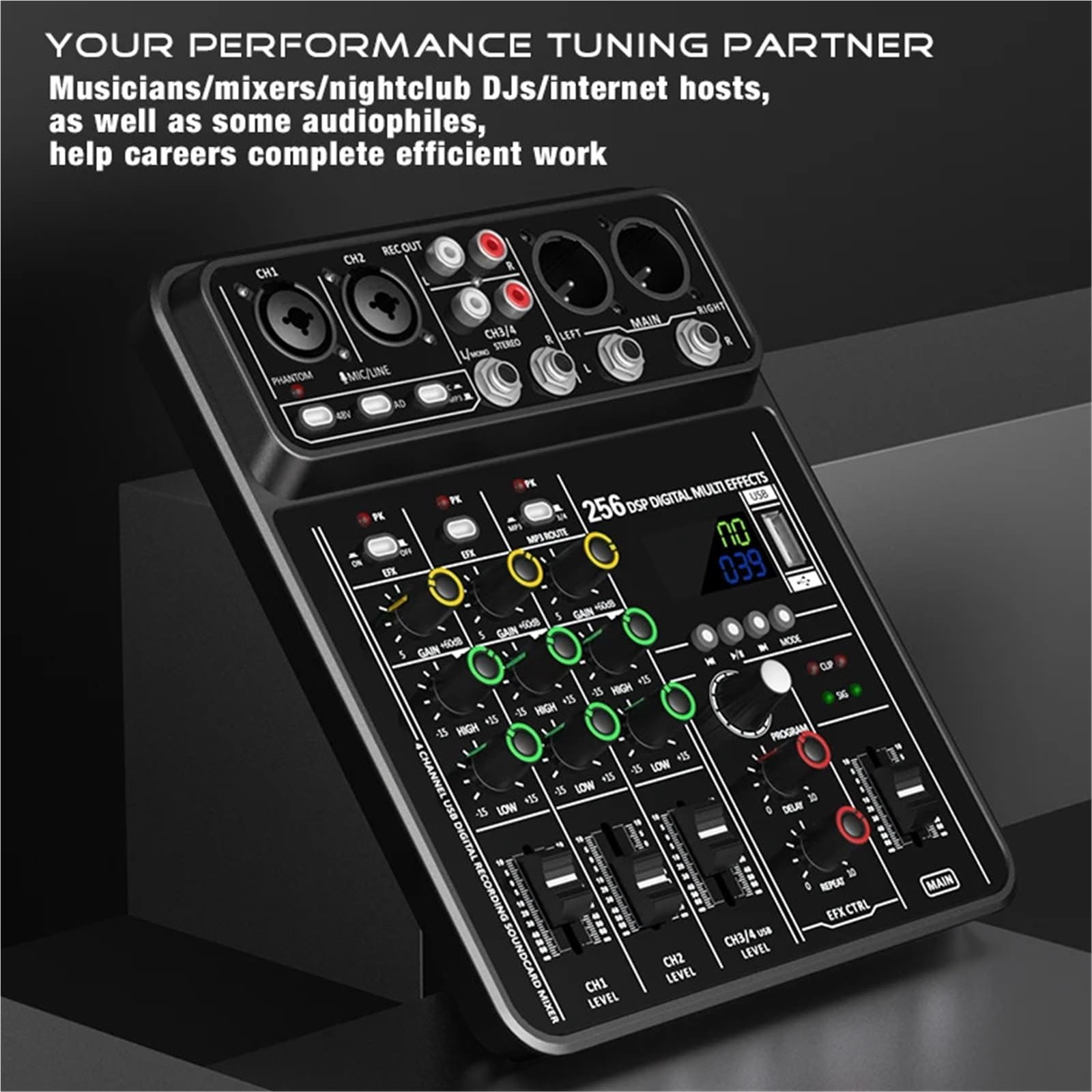 Controller DJ, Mixer DSP a 4 canali 256 canali, alimentazione Phantom a 48 V, mixer da studio USB, console DJ Bluetooth, mixaggio