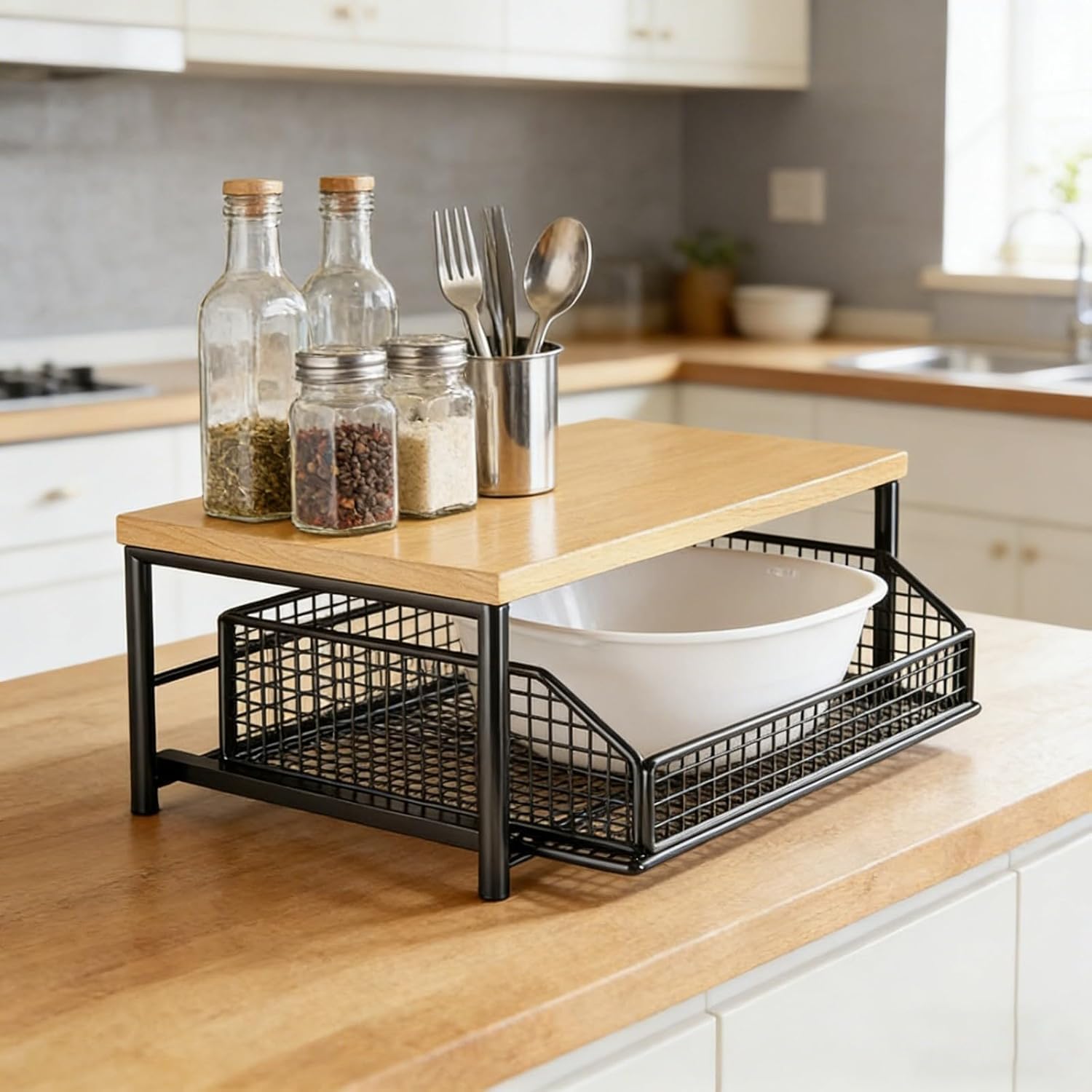 Küchen-Arbeitsplatten-Organizer mit Schublade und Drahtkorb, 2-stöckiges Holzregal für Kaffeestation, platzsparende Aufbewahrung für Mikrowelle, Toaster, Gewürze und Küchenutensilien