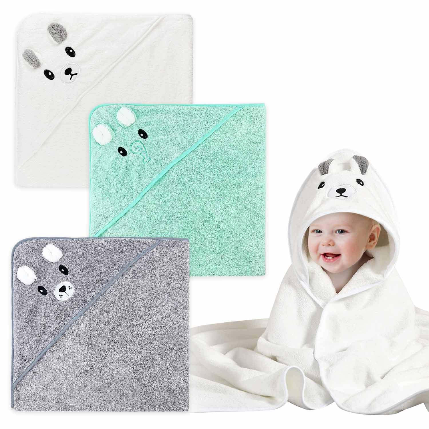 Toalla Bebé Recien Nacido, 3 Piezas 80 * 80cm Toalla Bebé, Capa de Baño Bebé, con Capucha, Felpa de Coral, Suave y Súper Absorbente, Lavable a Máquina, Accesorios Baño Bebé Recien Nacido