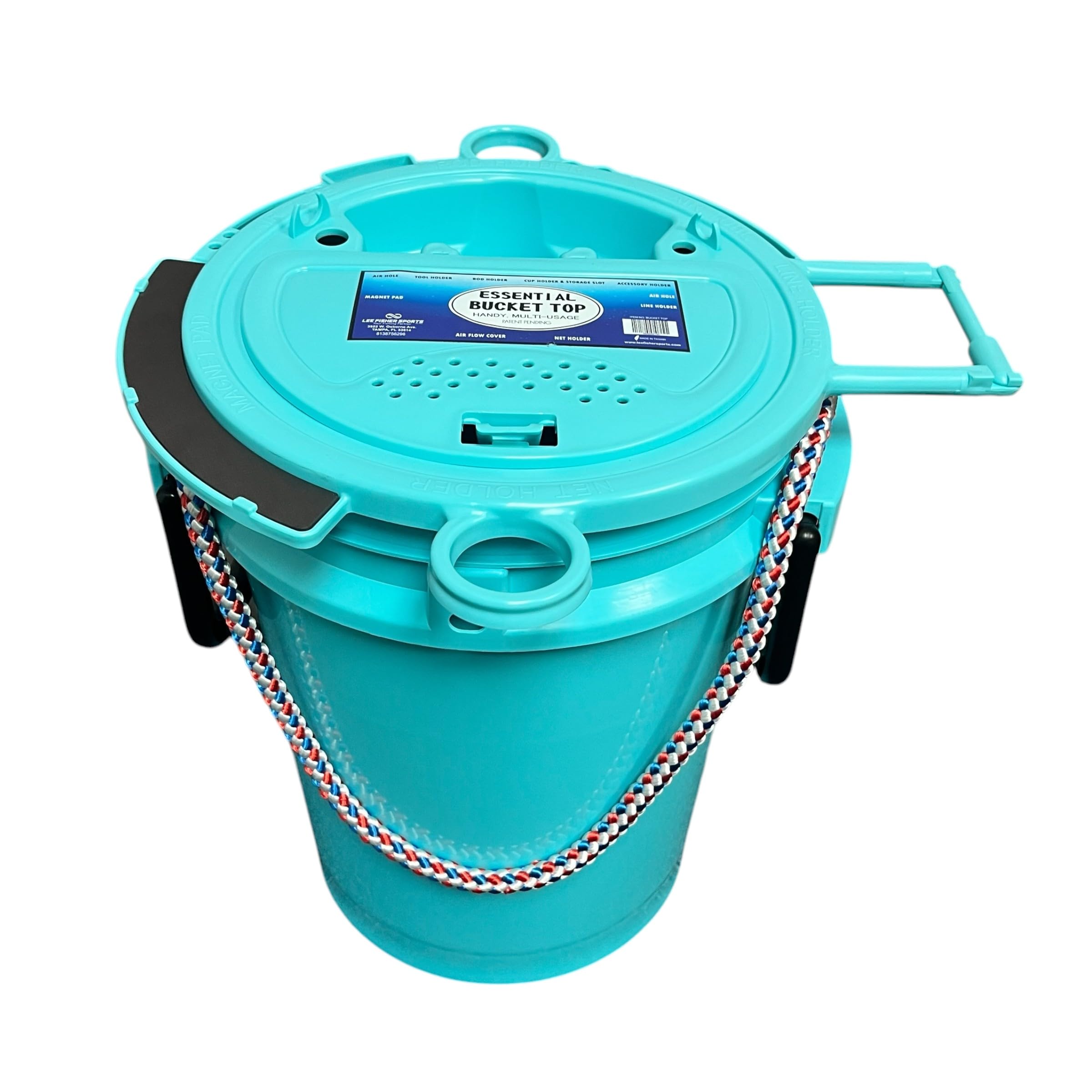 5 Gallon Bucket - Rope Handle with Essential Top (Aqua) Integrated with Magnet pad, Rod, net, line, Tool Accessories Holder and Vented Opening, Holes for Live Bait.