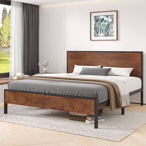 AEZOS Base de cama de tamaño matrimonial con cabecera de madera, marco de plataforma de metal resistente con soporte de listones de madera, no