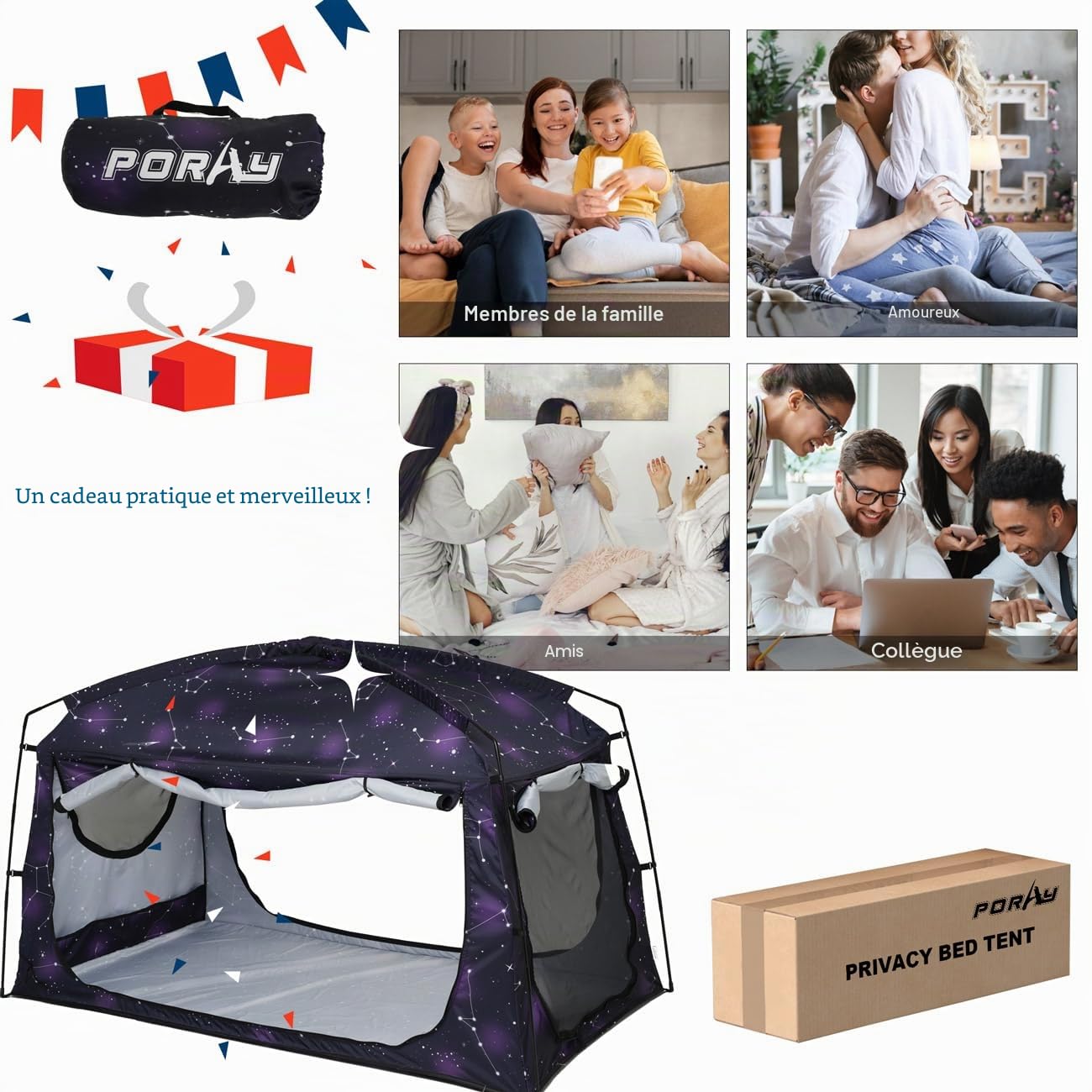 Tente de lit, auvent de lit portable, occultant, 90 % rideaux pour enfants et adultes, tente intérieure avec grandes fenêtres en maille respirante