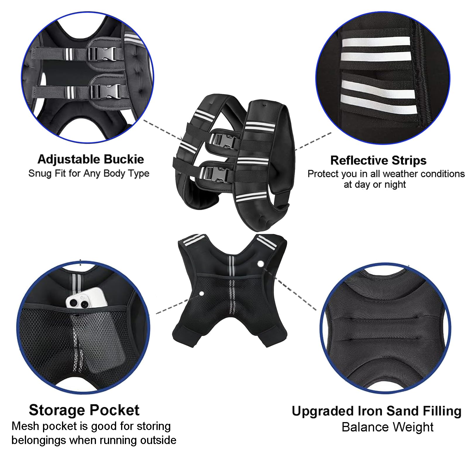 Gilet lesté pour homme et femme avec bande réfléchissante pour l'entraînement, la musculation, la course, le fitness, le renforcement musculaire, la perte de poids, l'haltérophilie