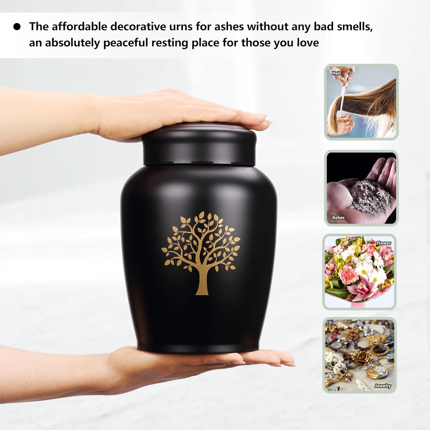 Large Black Urns for Ashes for Women Men,Tree of Life Cremation Metal Urn for Human Ashes Adult Male Female,Holds Up to 160 LBS(160Cubic inch)(Velvet Bag Included)