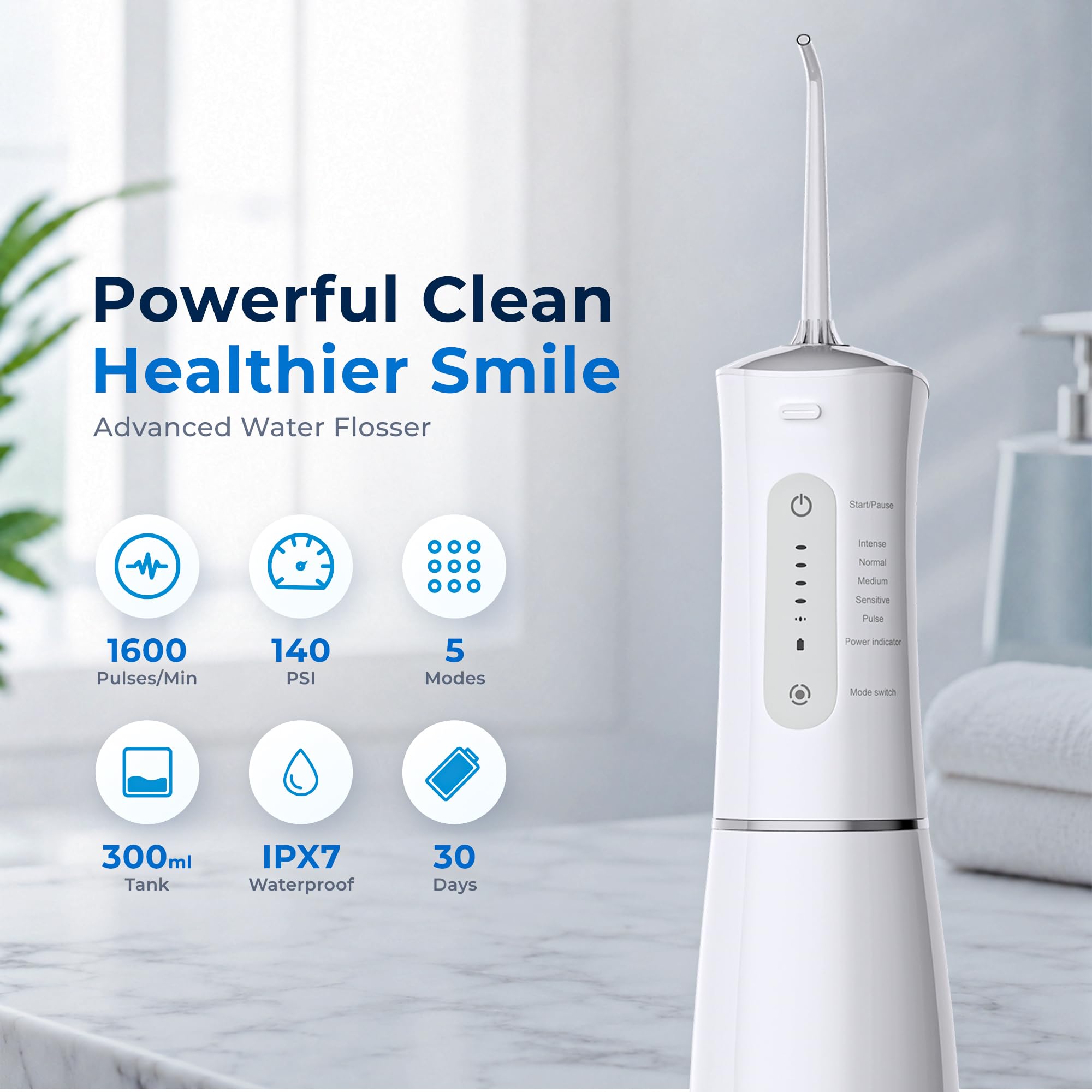 Hevva Irrigador dental de agua de 300 ml, tanque de agua de gran tamaño, recargable, IPX7, impermeable, púa de dientes, portátil, inalámbrica, irrigador bucal, máquina de limpieza de hilo dental