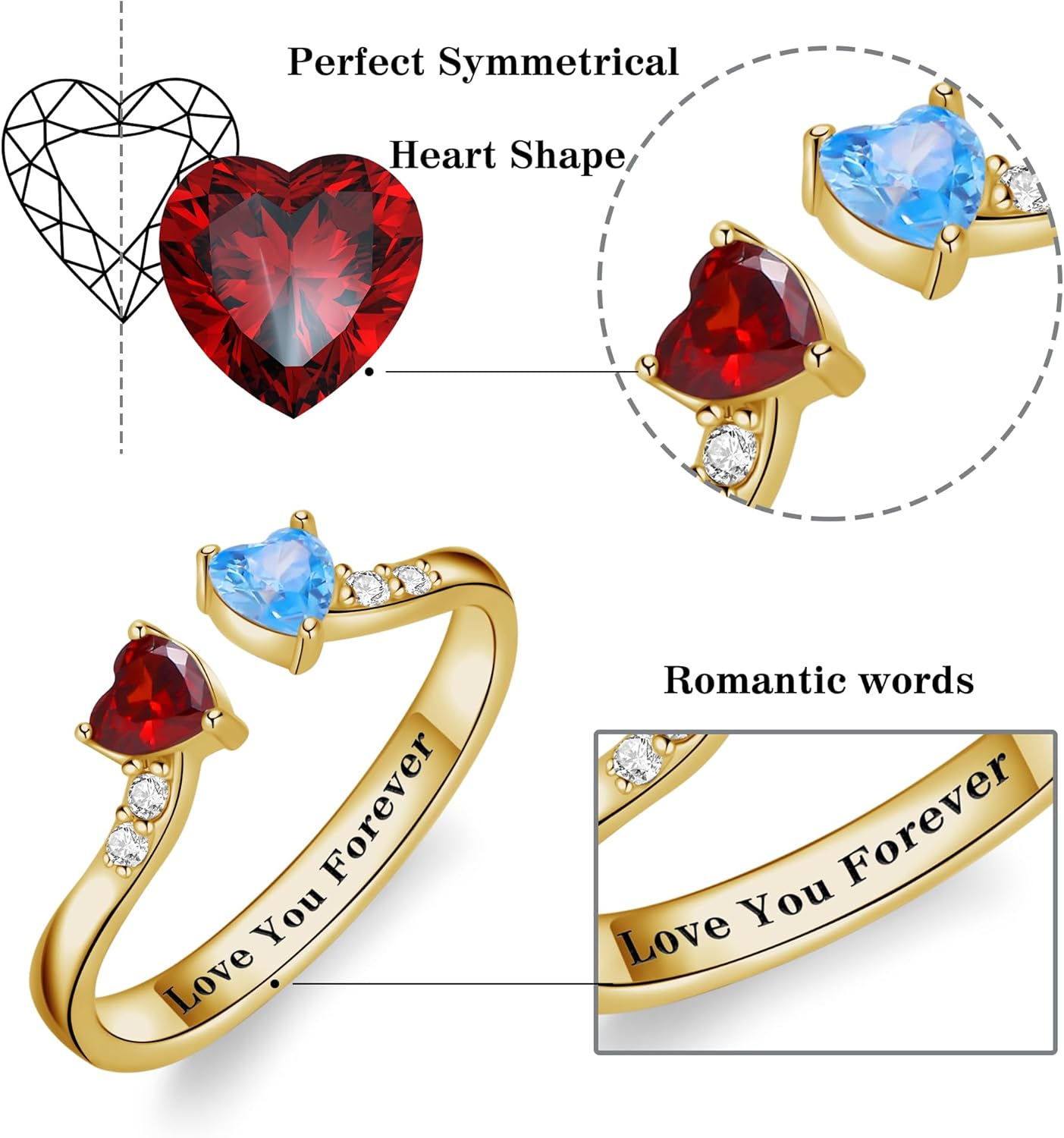 Dainty Promise Rings for Her 2 Birthstone Adjustable Rings for Women Sister Anniversary Birthday Gifts for Women Jewelry Valentine Gifts (Gold 06-08 Jun & Aug) - Image 3