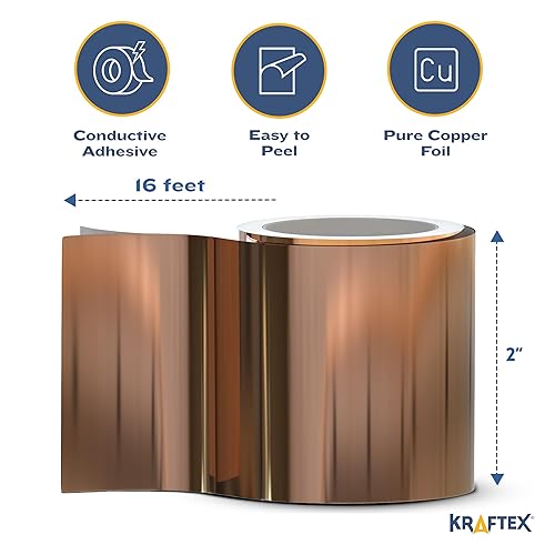 Miniatura 27 de Kraftex Cinta de cobre [1/4 pulgadas x 108 pies, 2 paquetes] - Cinta de cobre para vidrieras, manualidades de bricolaje, blindaje de guitarra