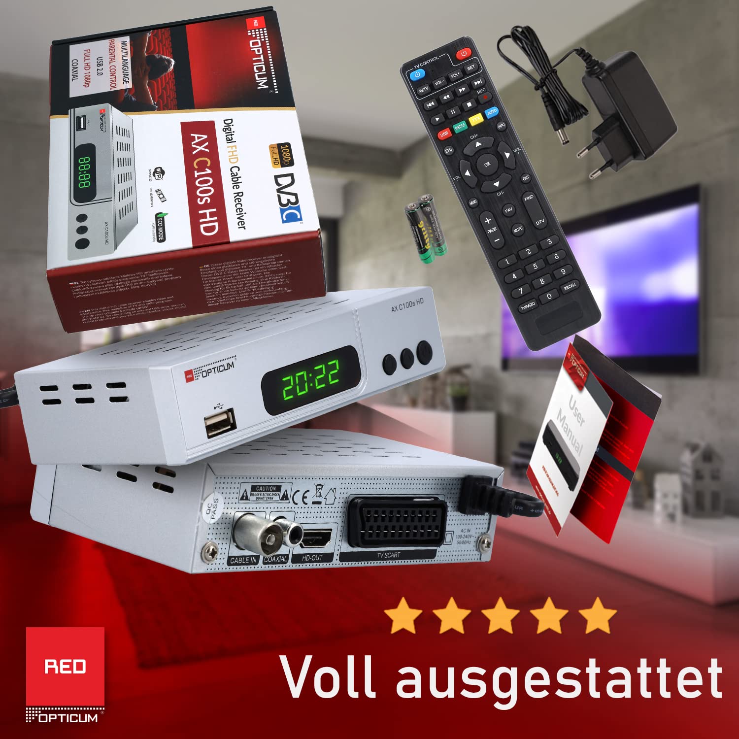 RED OPTICUM AX C100s Digitaler Kabel-Receiver HD - EPG - HDMI - USB - SCART - Coaxial Audio I Receiver für Kabelfernsehen I DVB-C Receiver silber