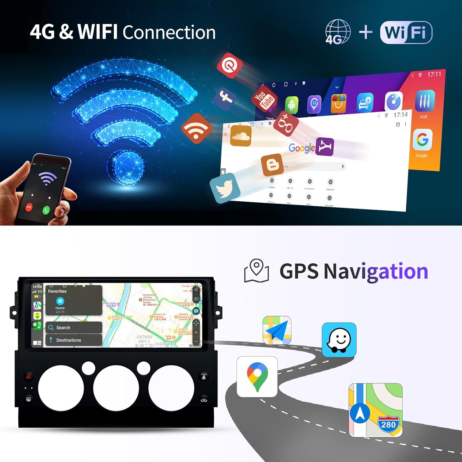 Screen showing 4G and WiFi connection options, with various app icons for online services and a map for GPS navigation.