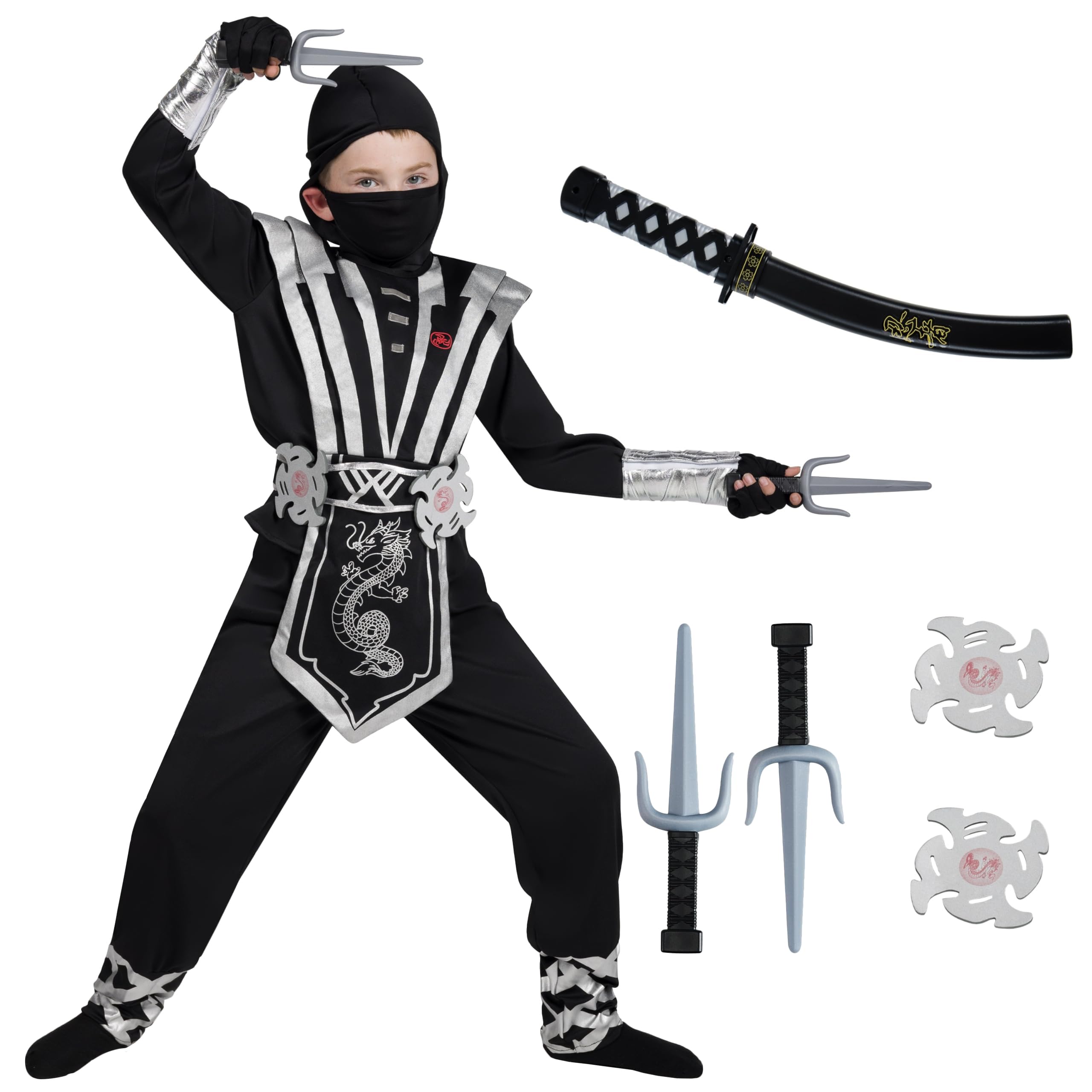 Spooktacular Creations Juego de disfraces de lujo Ninja plateado con accesorios de espuma Ninja juguetes para niños Traje de Kung Fu Ideas de Halloween (S 5-7)