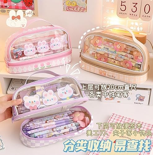 Miniatura 6 de Estuche para lápices Kawaii grande con correa de doble capa, transparente, impermeable, lindo estuche para lápices, bolsas para bolígrafos,