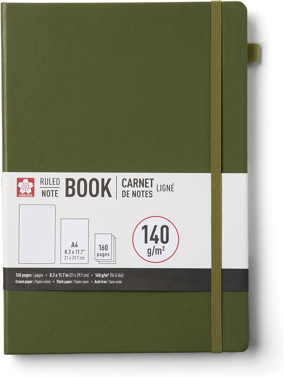 Sakura Ruled A4 Journal Notebook, Hardcover, 8.3 x 11.7", Pine Needle | Japanese-Inspired Lined Notebook, 140 GSM Paper, Hardcover, Built-In Pen Holder and Expandable Inner Pocket