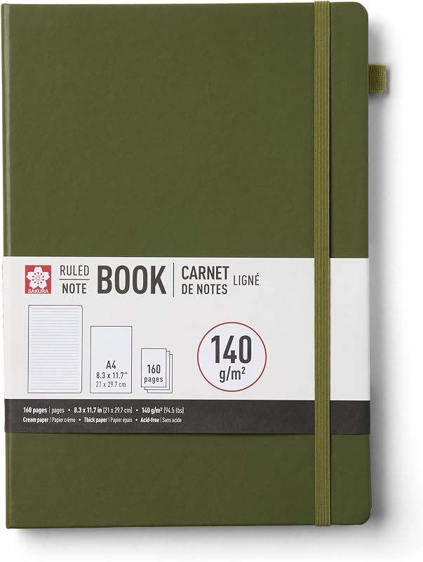 Sakura Ruled A4 Journal Notebook, Hardcover, 8.3 x 11.7", Pine Needle | Japanese-Inspired Lined Notebook, 140 GSM Paper, Hardcover, Built-In Pen Holder and Expandable Inner Pocket