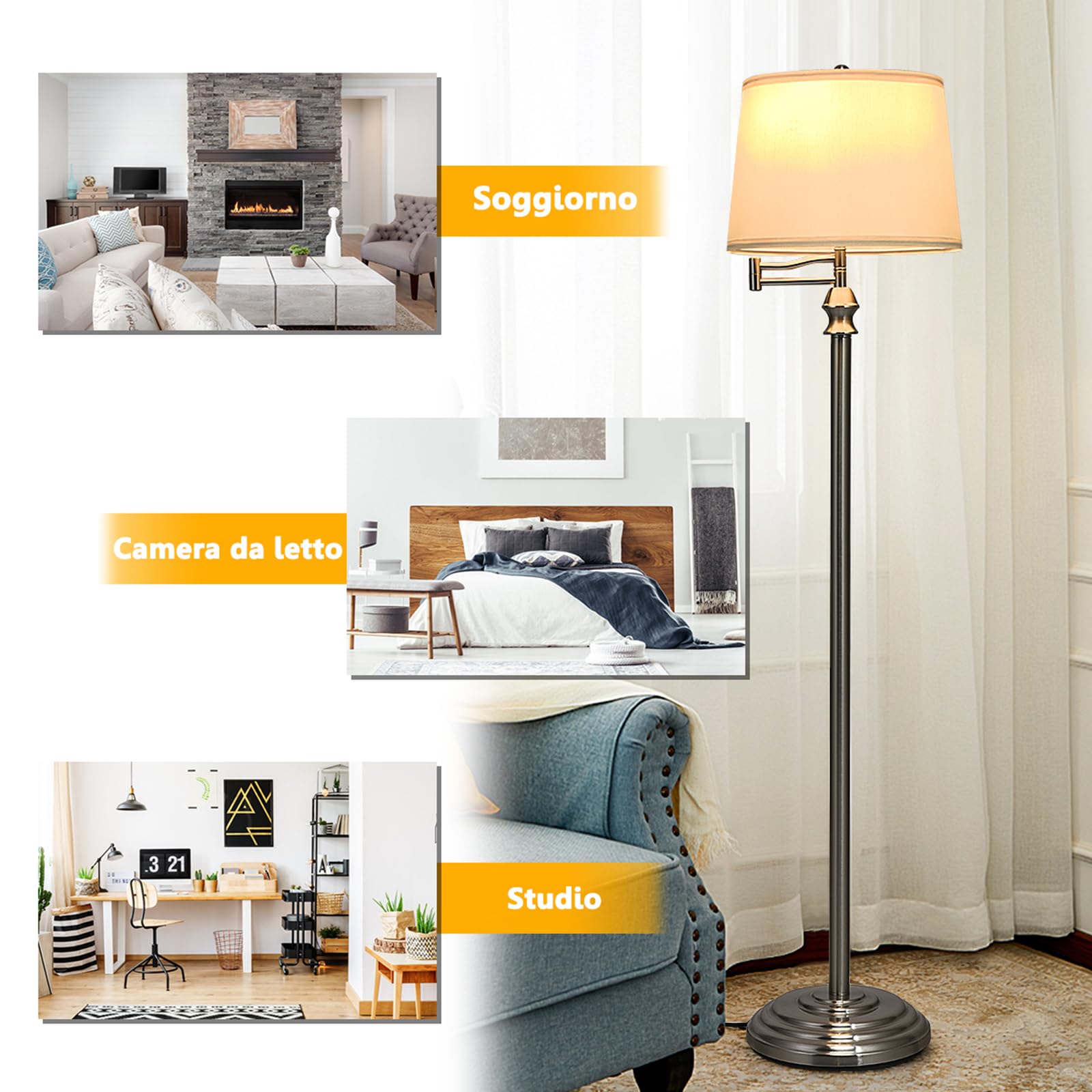 COSTWAY Lampada da Terra Design e Vintage, Lampada a Stelo da Terra con Braccio Girevole, Ideale per Soggiorno, Camera da Letto e Studio, Argento