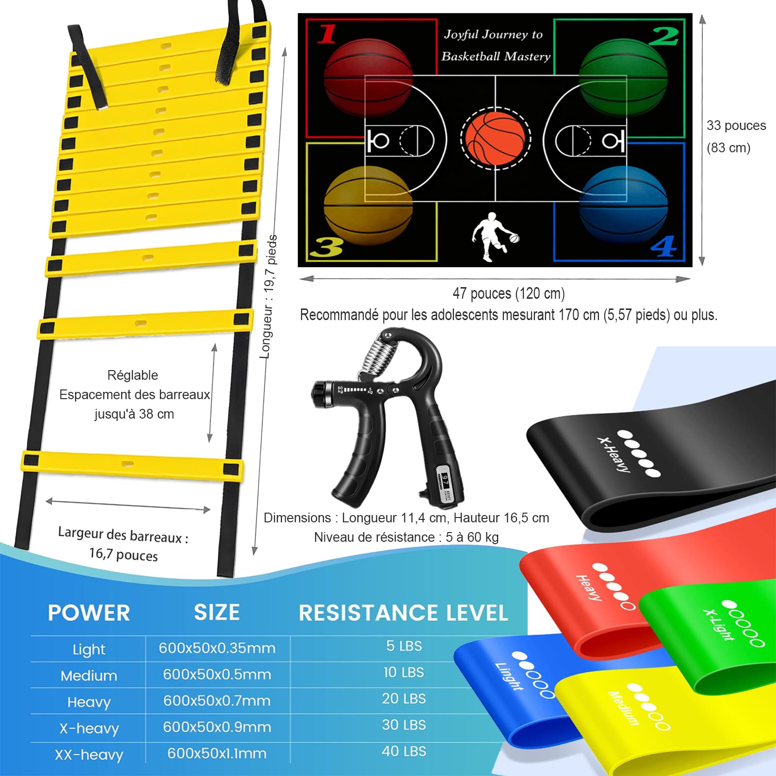 Équipement d'entraînement de basketball, tapis d'entraînement à l'agilité et au jeu de jambes, entraîneur de dribble, accessoires d'entraînement pour améliorer la vitesse, la force et la coordination.