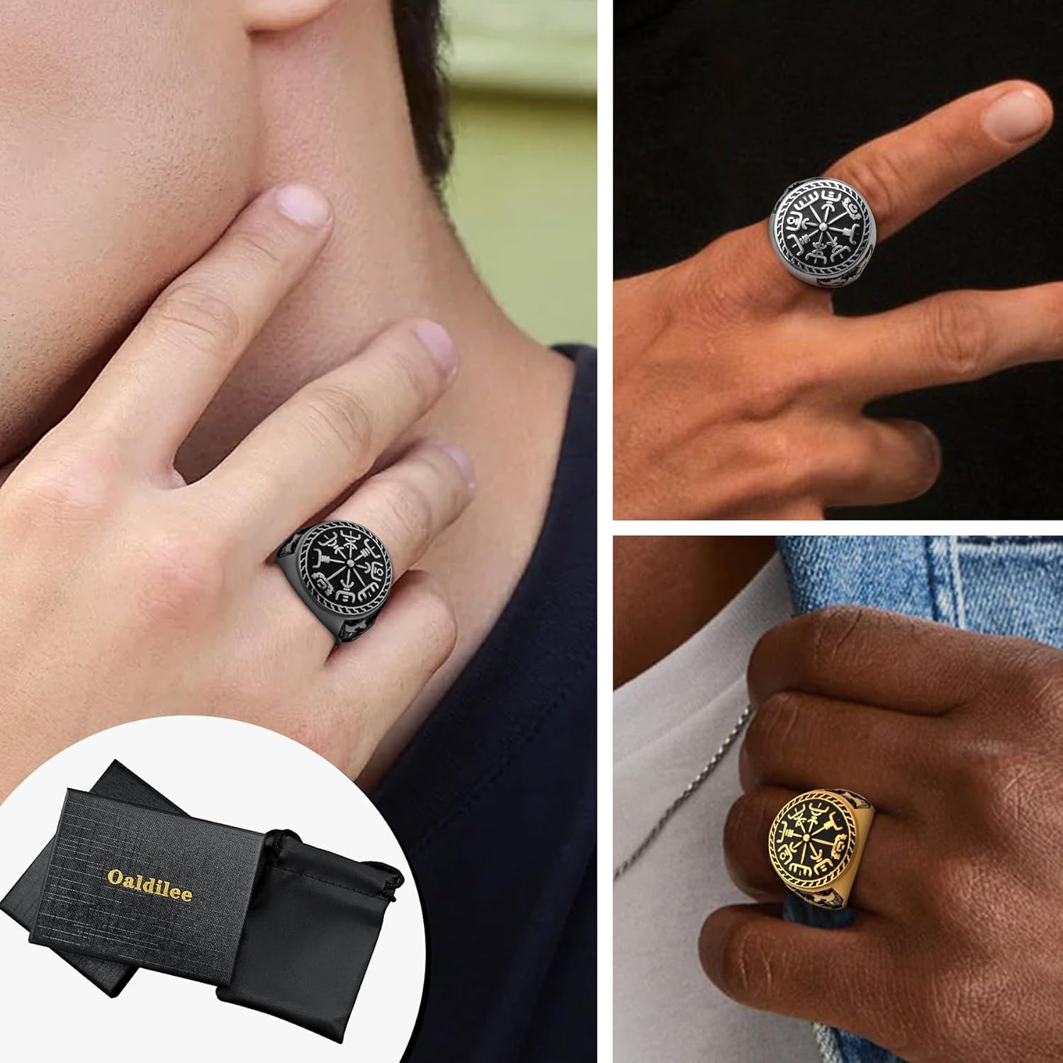 Nordic Battle Axe Ring Viking Vegvisir Pirate Compass Rings Stainless Steel/18K Gold Plated/Black Norse Symbol Vintage Jewelry for Men Women Send Gift Box