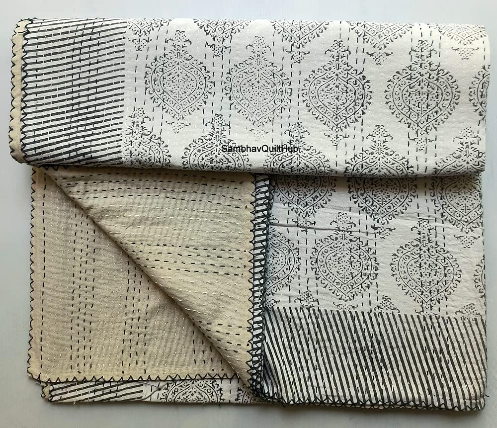 White King/Twin Handmade Bohemian Hand Block Print Pure Cotton Bedspread Kantha Stitch Hippie Kantha Bed Spread Reversible Bedcover Throw Quilt (White&Blue, 90X108 inches)