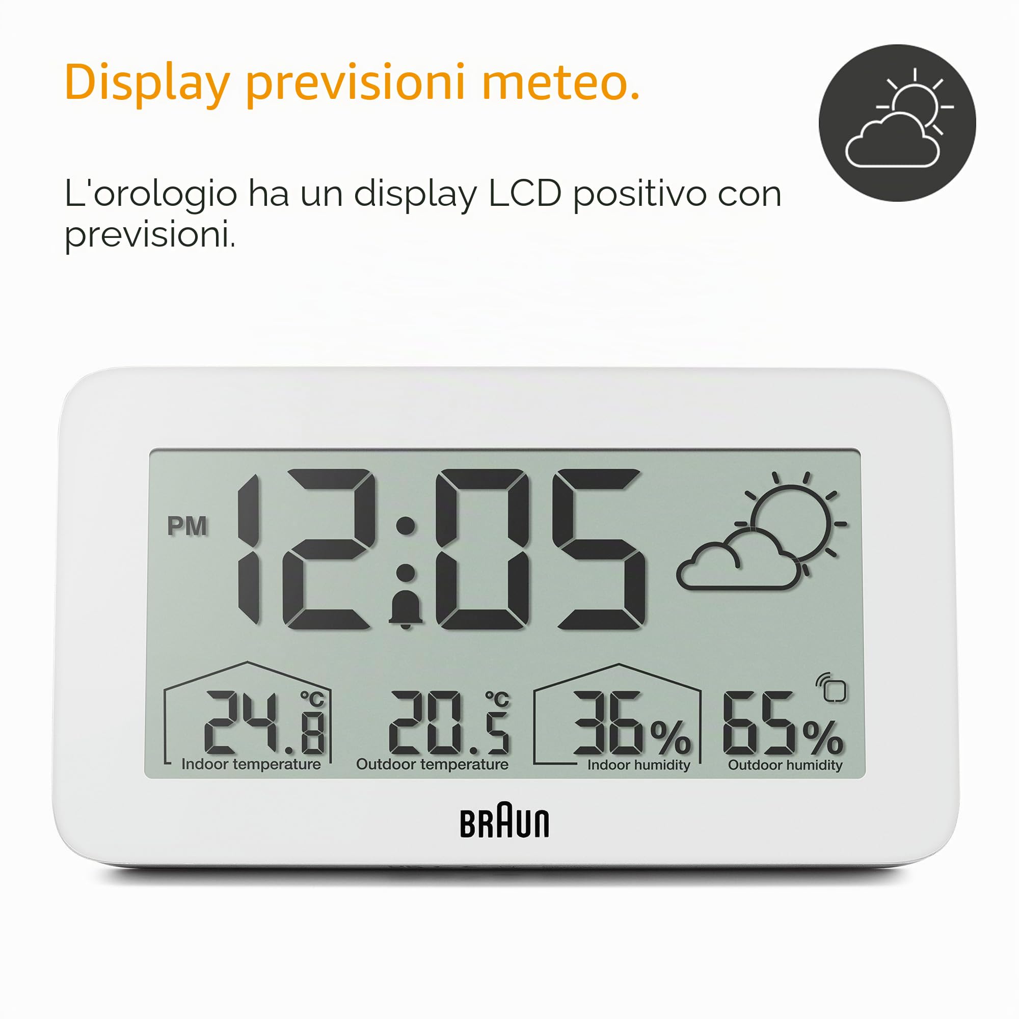 Braun Orologio digitale con stazione meteorologica temperatura e umidità interna ed esterna, previsioni, display LCD, impostazione rapida, allarme sonoro in crescendo, bianco, modello BC13WP.