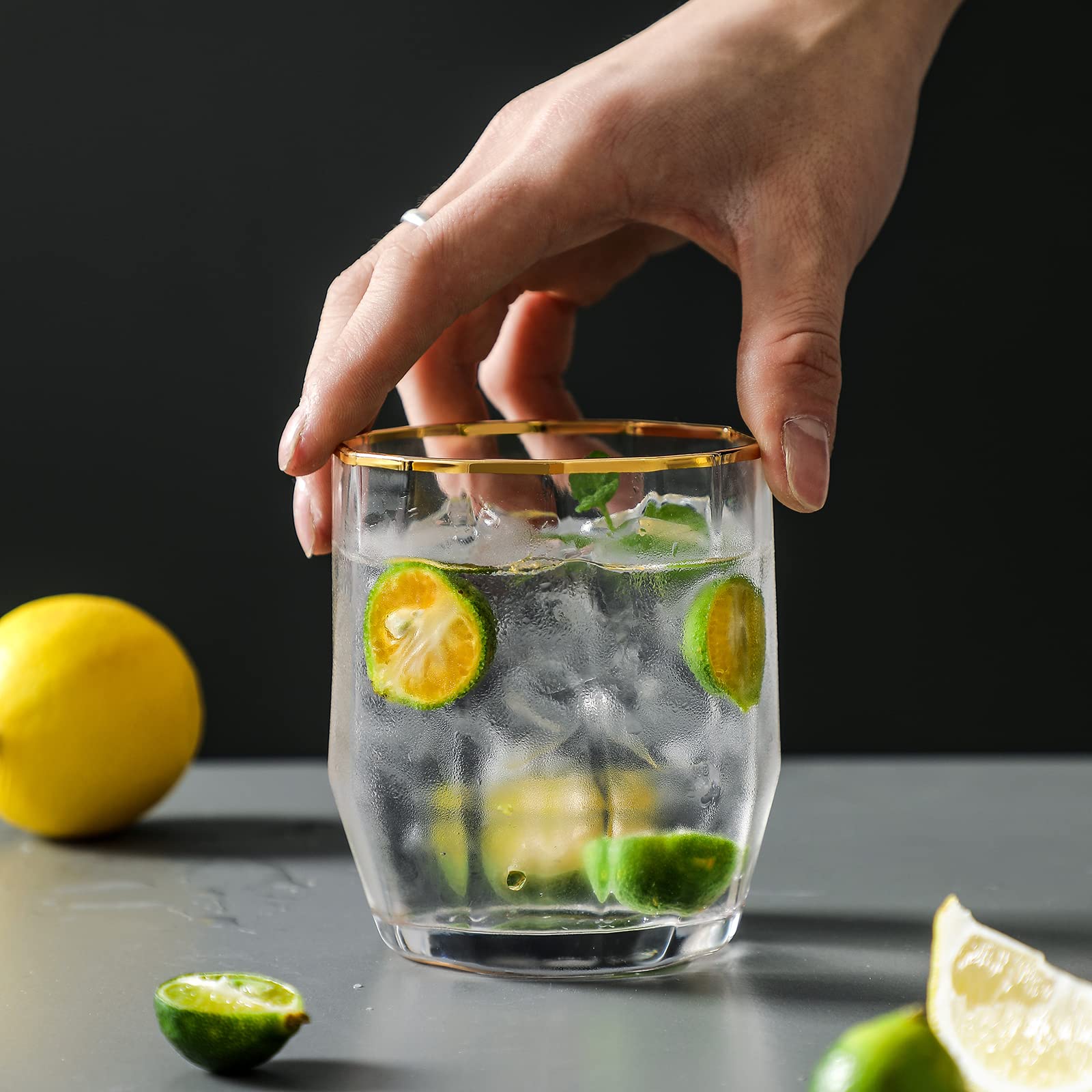 Juego de 6 vasos de copa de oro con borde de 14 onzas, cristalinos y bonitos vasos Highball para mojito, cóctel, agua, cerveza, coque, soda y bebidas mixtas
