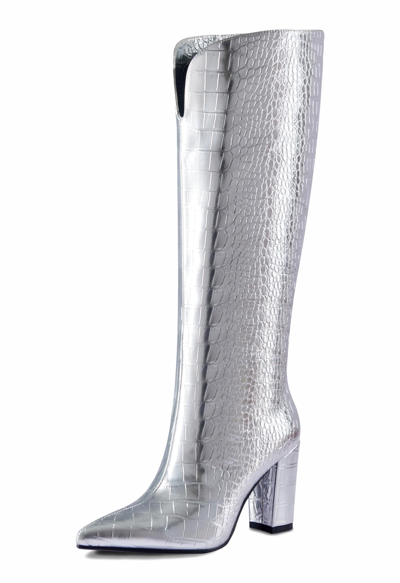 Women Knee High Boots Slim Calf Block Heel Pointed Toe Tall Boots  Pull On