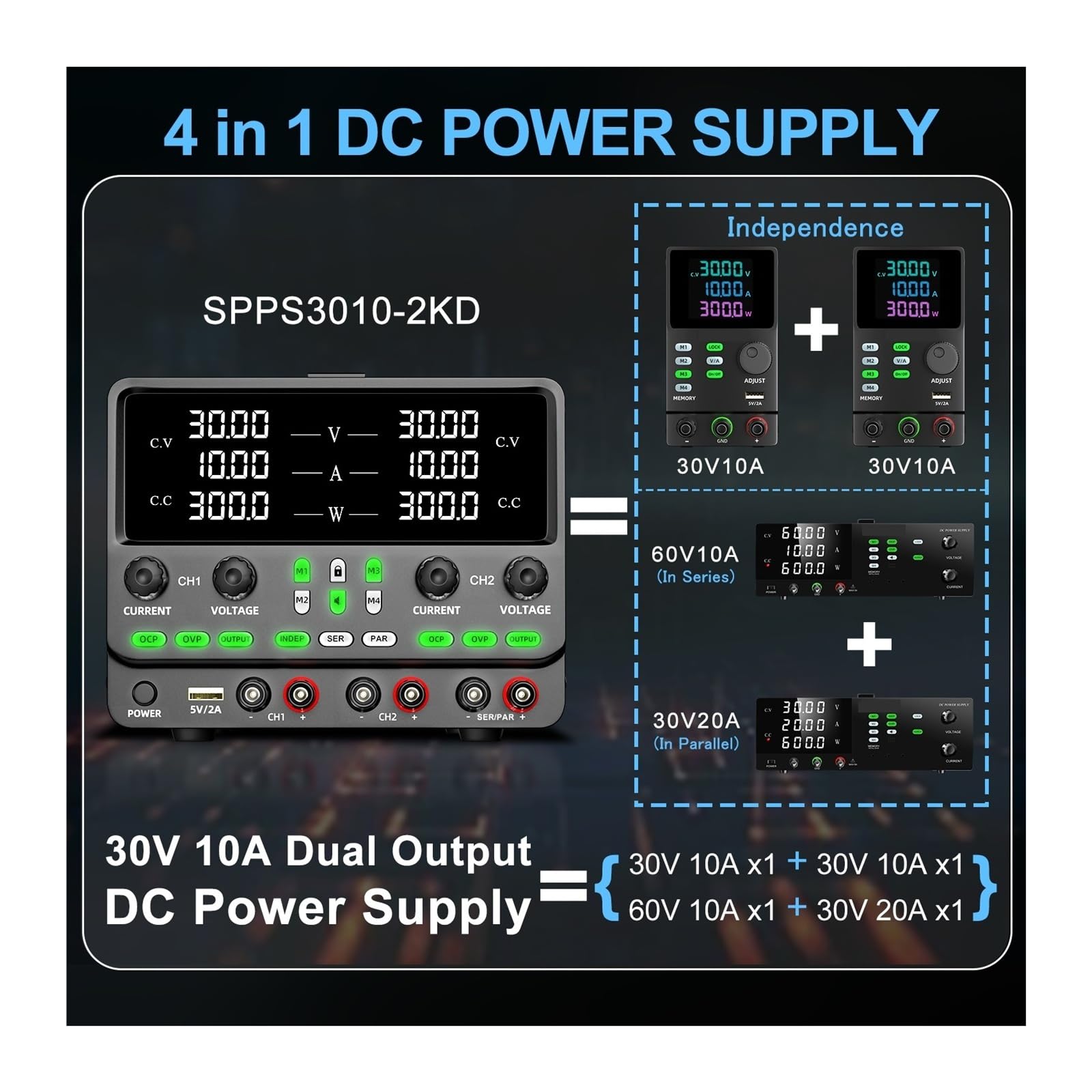 Fuente de alimentación de CC de laboratorio de doble canal (30 V, 60 V, 120 V) con estabilizador de tensión de banco y memoria Protección múltiple(Dual 30V 5A)
