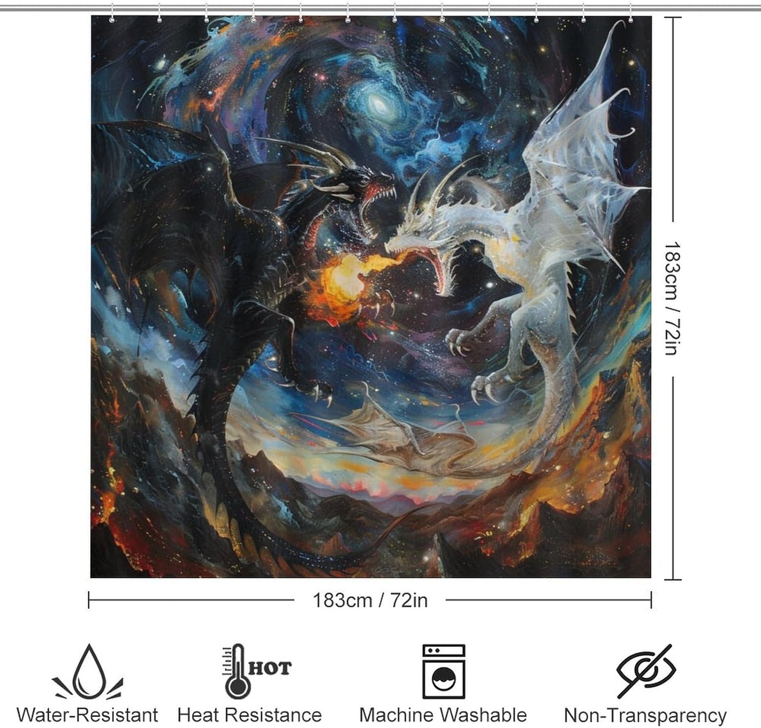 4Pcs Mystical Dragon Shower Curtain Sets, Bathroom Decor Set with Rugs, Bath Mat Retro Mountain Galaxy Fantasy Animal Shower Curtain, 72 X 72 Inch