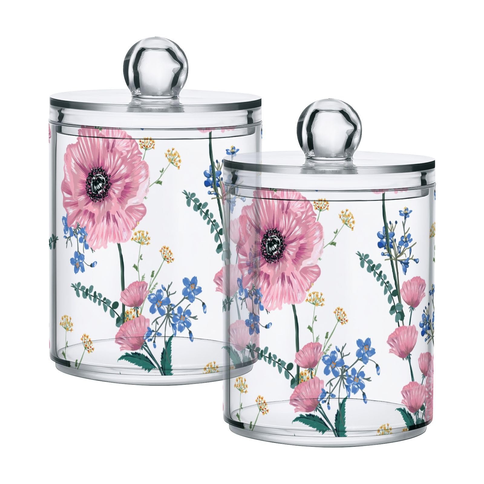 Pink-poppys-florals-print Restroom Bathroom Organizers with Lid Qtip Holder Dispenser Apothecary Jars Cotton Balls Pads Swabs Holder Jar 4