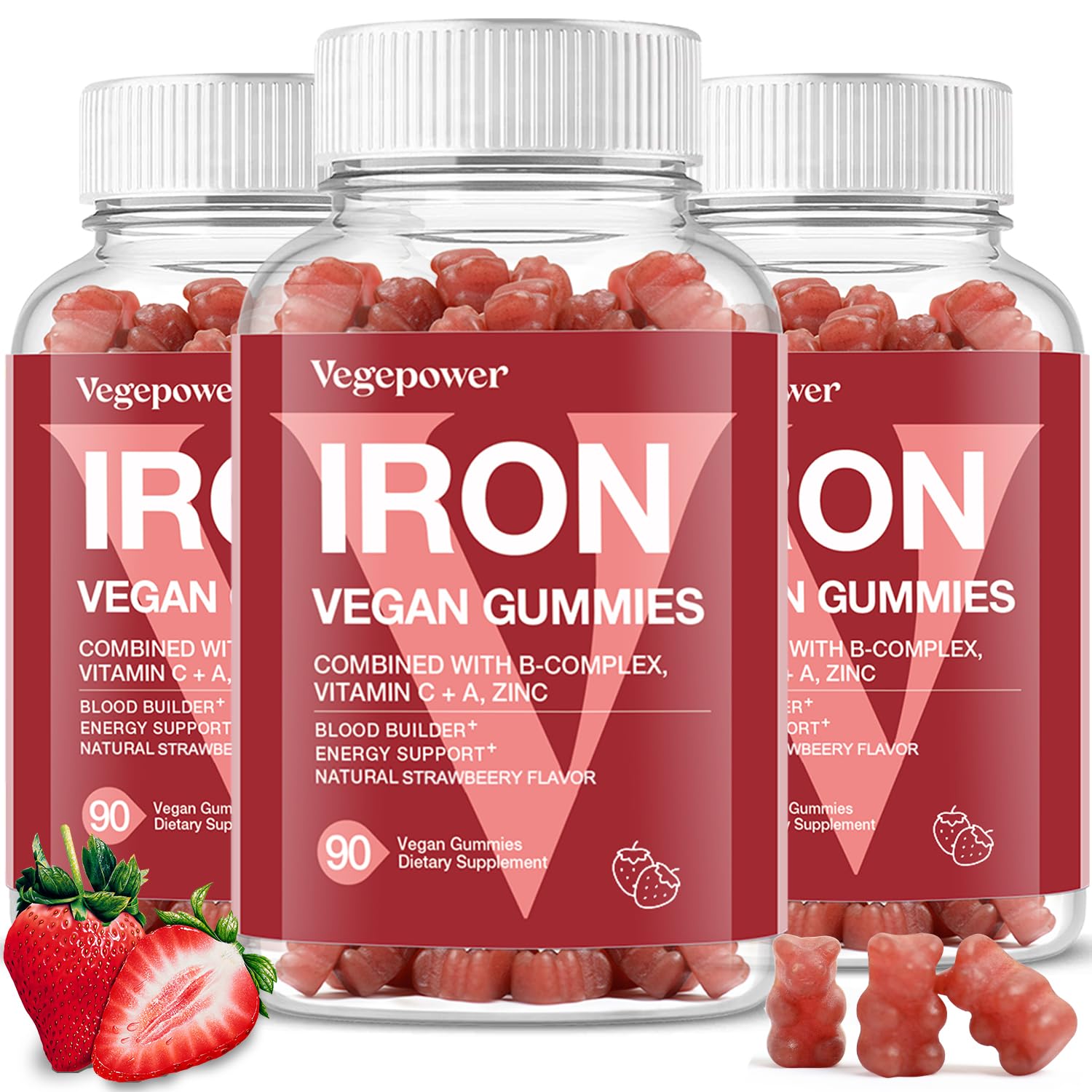 Iron Supplements Gummies for Kids & Women - Vegan, Strawberry (3 Packs) Strawberry 90 Count (Pack of 3)