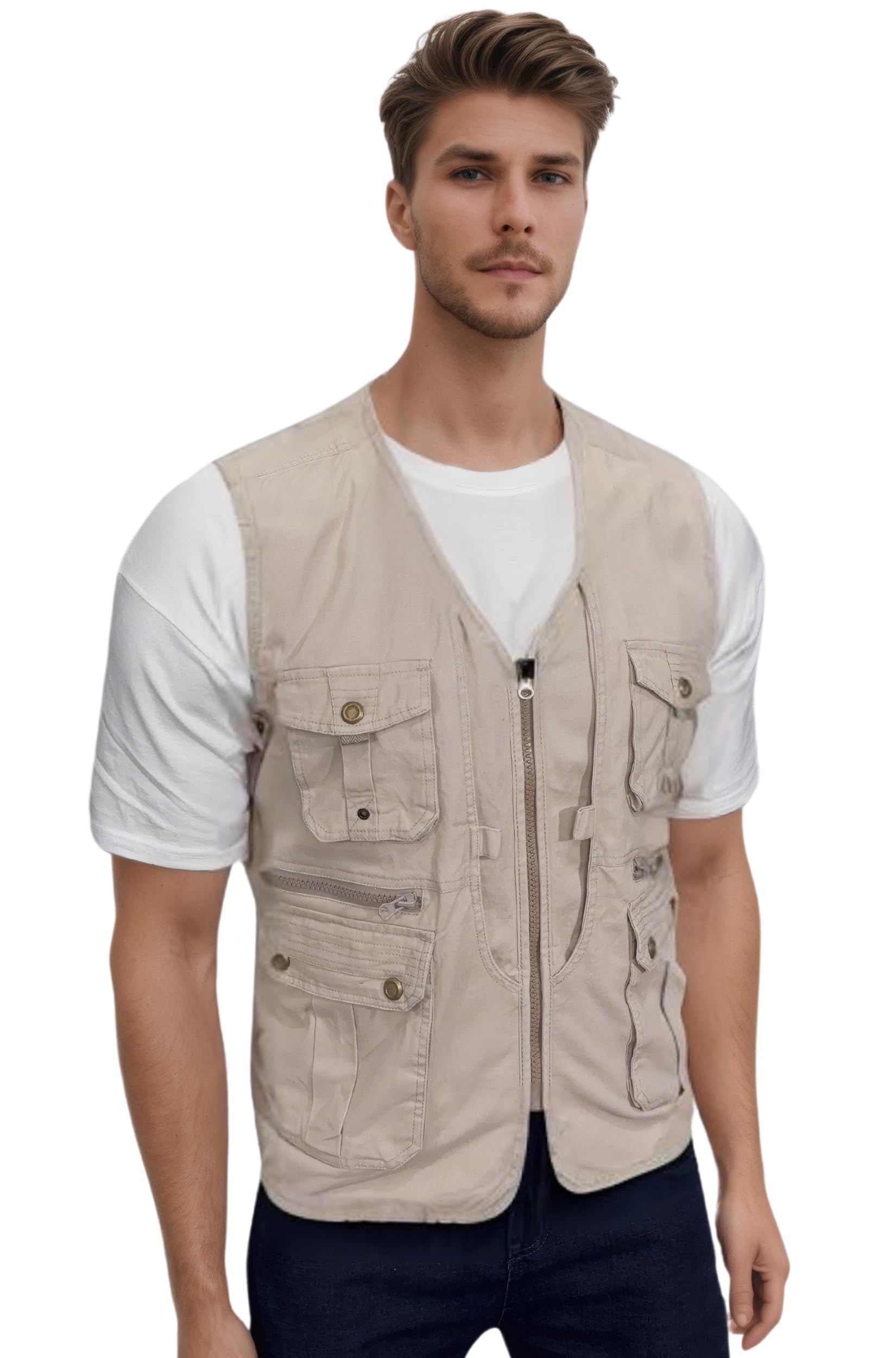 Homme Gilet de Pêche Multi-Poches Gilet de Plein air Sport Respirant Coton Gilets Grande Taille Loisirs Veste Respirant à Séchage Rapide Gilet pour Photographie Camping