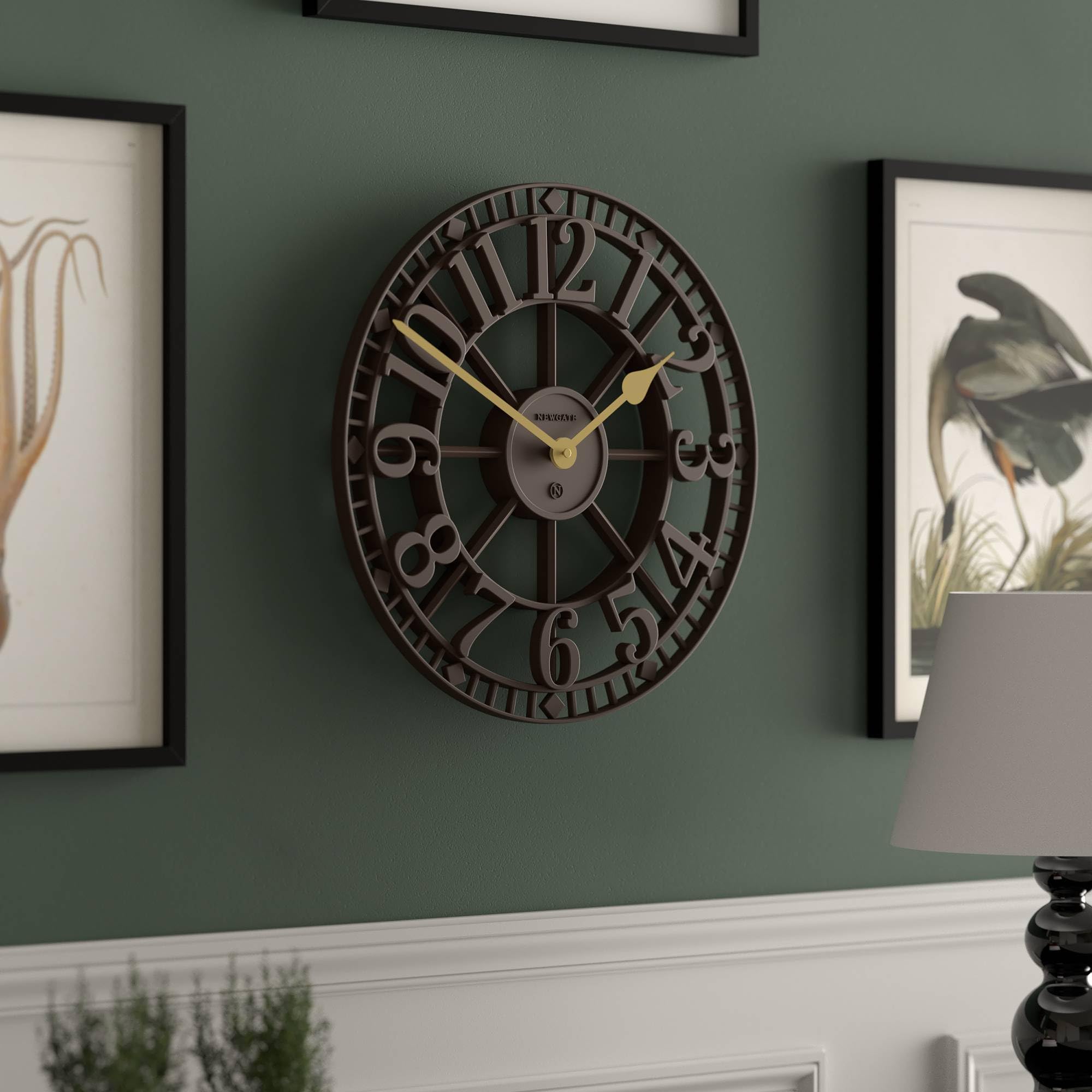 NEWGATE® Warehouse Wanduhr | Skelettuhr | 40cm | Mokkabraun mit messinghänden | Zeitgenössischer Vintage-Stil für küche, Wohnzimmer oder büro