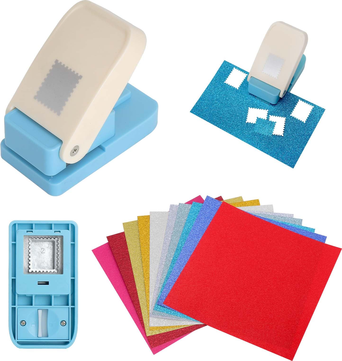 Wycinarka z motywem do znaczków, kwadratowy dziurkacz do papieru, design dźwigniowy zapewnia czyste ząbkowanie, motyw 2,5 x 2 cm, do kart, etykiet, scrapbookingu i journalingu