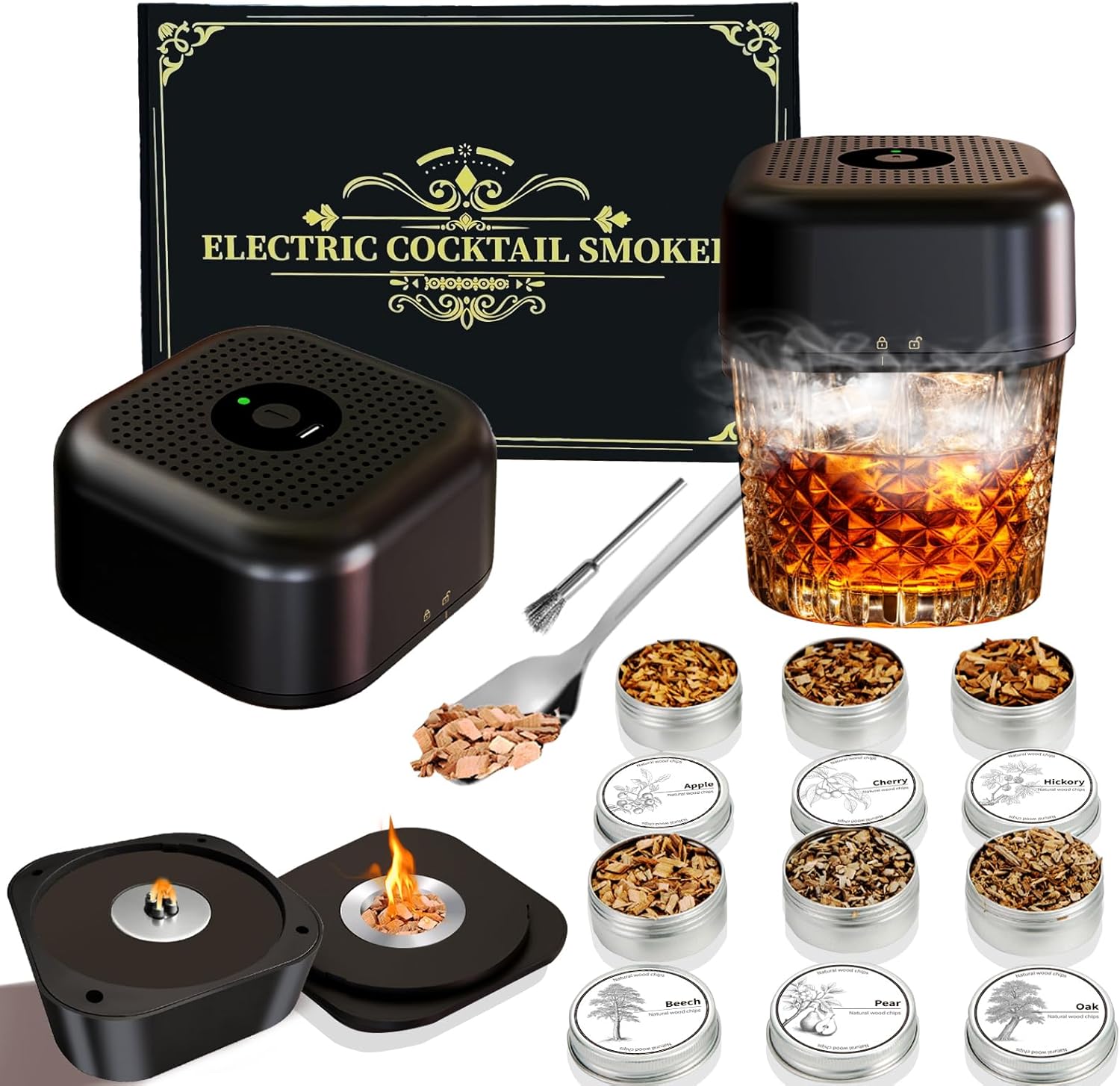 Electric Whiskey Smoker Kit with 6 Smoke Wood Chips,Cocktail Smoker Kit Rechargeable Built-in Electric Ignition,Butane-Free,Birthday Bourbon Whiskey/Cocktail/Drink/Coffee Gifts for Men/Dad/Husband