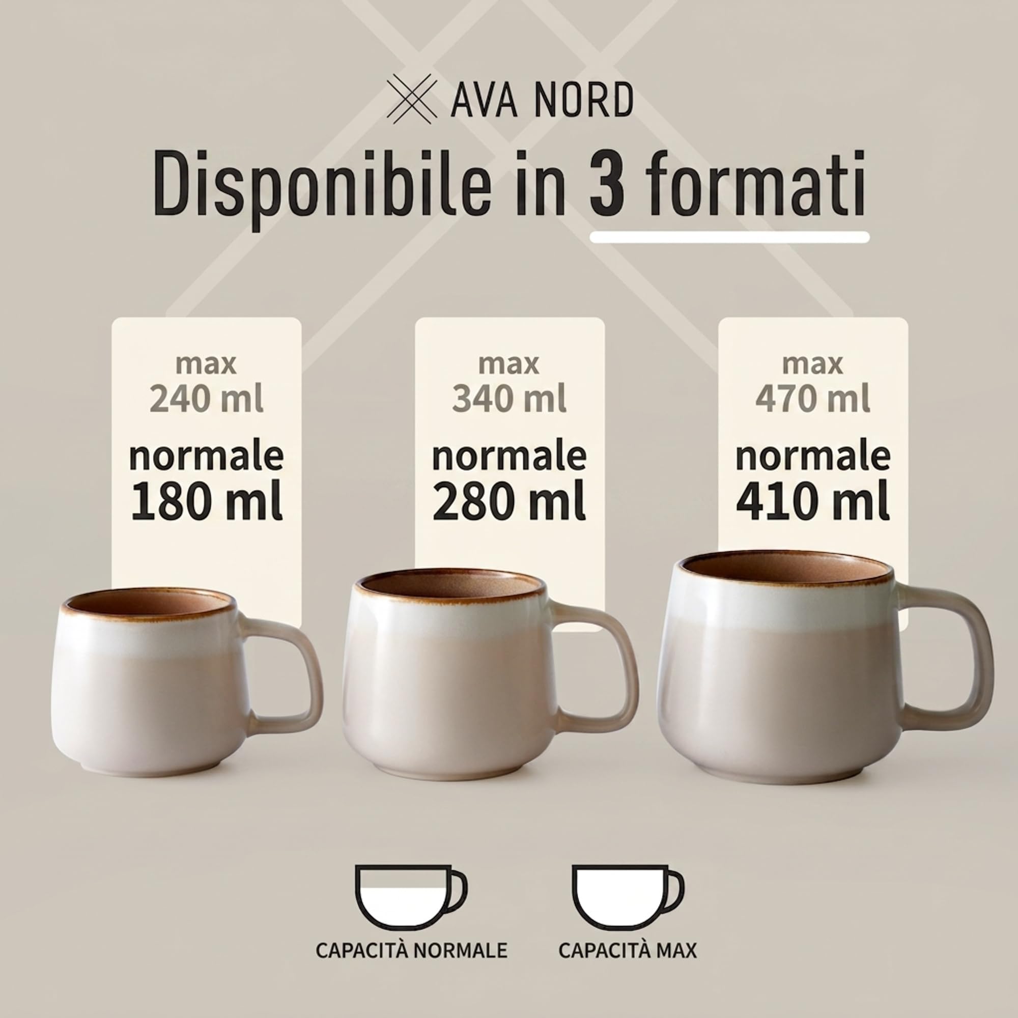 Ava Nord Gres Tazze da Caffè in Ceramica | Set di 4 | 340ml | Rose Sand | Senza Piombo, Atossico, Microonde e Lavastoviglie, Impugnatura Comoda, Design Nordico Elegante, Ideale per Cappuccino