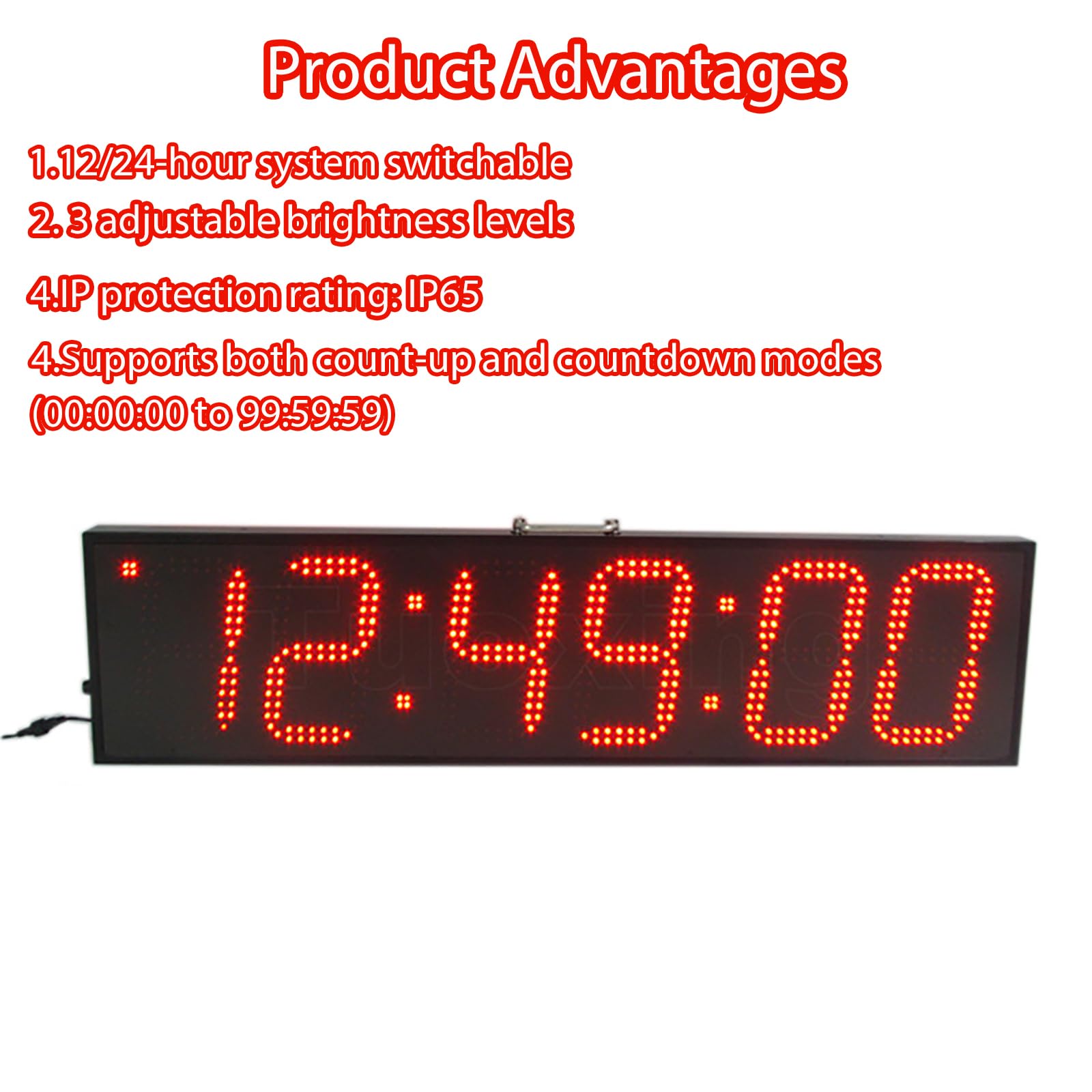 Reloj de cuenta regresiva LED de 6 dígitos, números digitales de 6 pulgadas para exteriores, impermeable, 3 niveles de brillo ajustables, 12/24 horas conmutables para deportes, escuelas, gimnasio