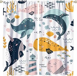 Kids Animal Curtains,Cartoon Marine Animal Ocean Fish Sea Wildlife Cute Whale Print Window Treatments for Boys Girls Bedroom Baby Room Living Room Nursery Study 2 Panels Total Size 42 x 45 Inch