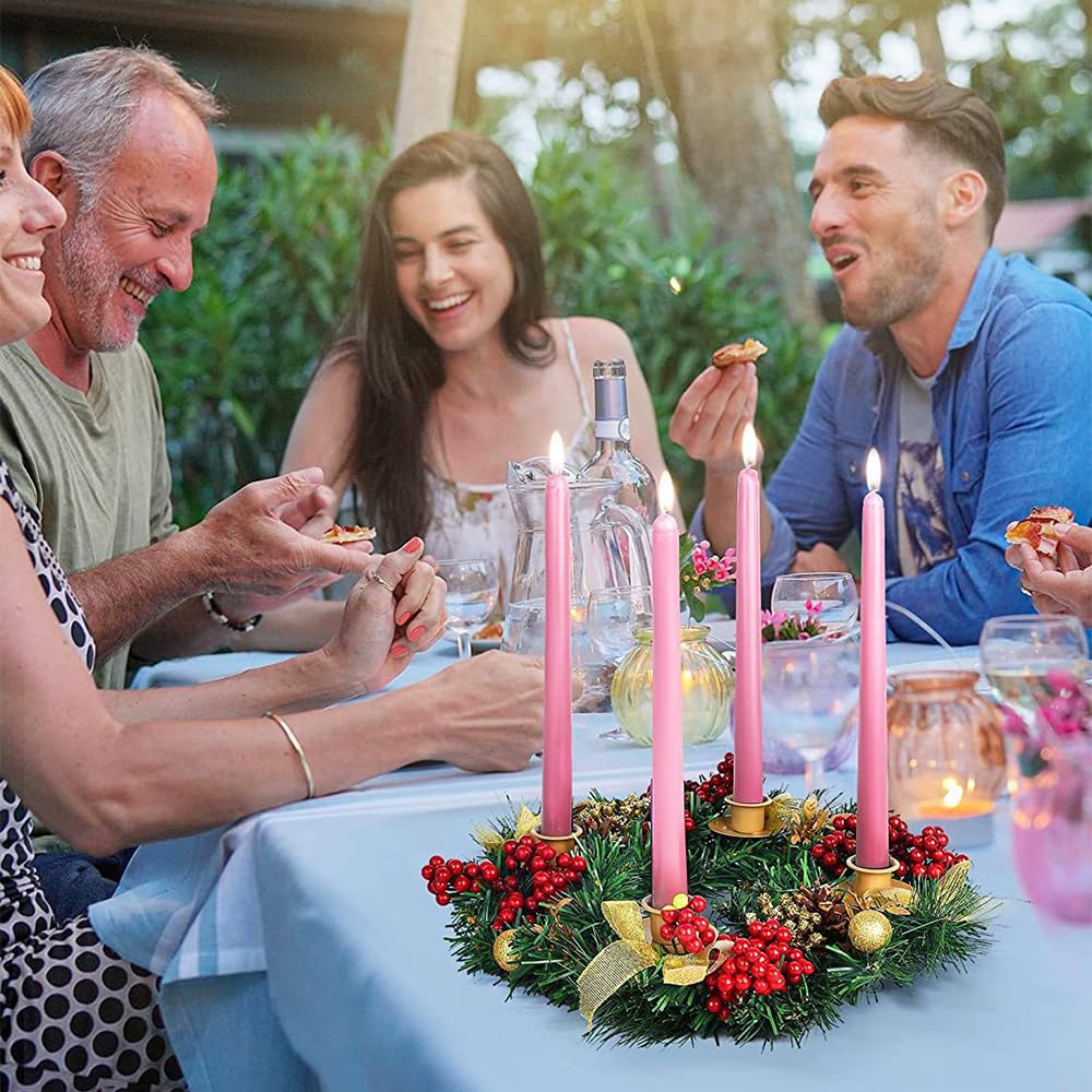 Couronne De L'Avent De Noël Pour Décoration Traditionnelle, Couronnes De L'Avent Pour Décoration De Centre De Table, Bougeoir De Noël Avec Pomme De Pin Et Poinsettias Rouges
