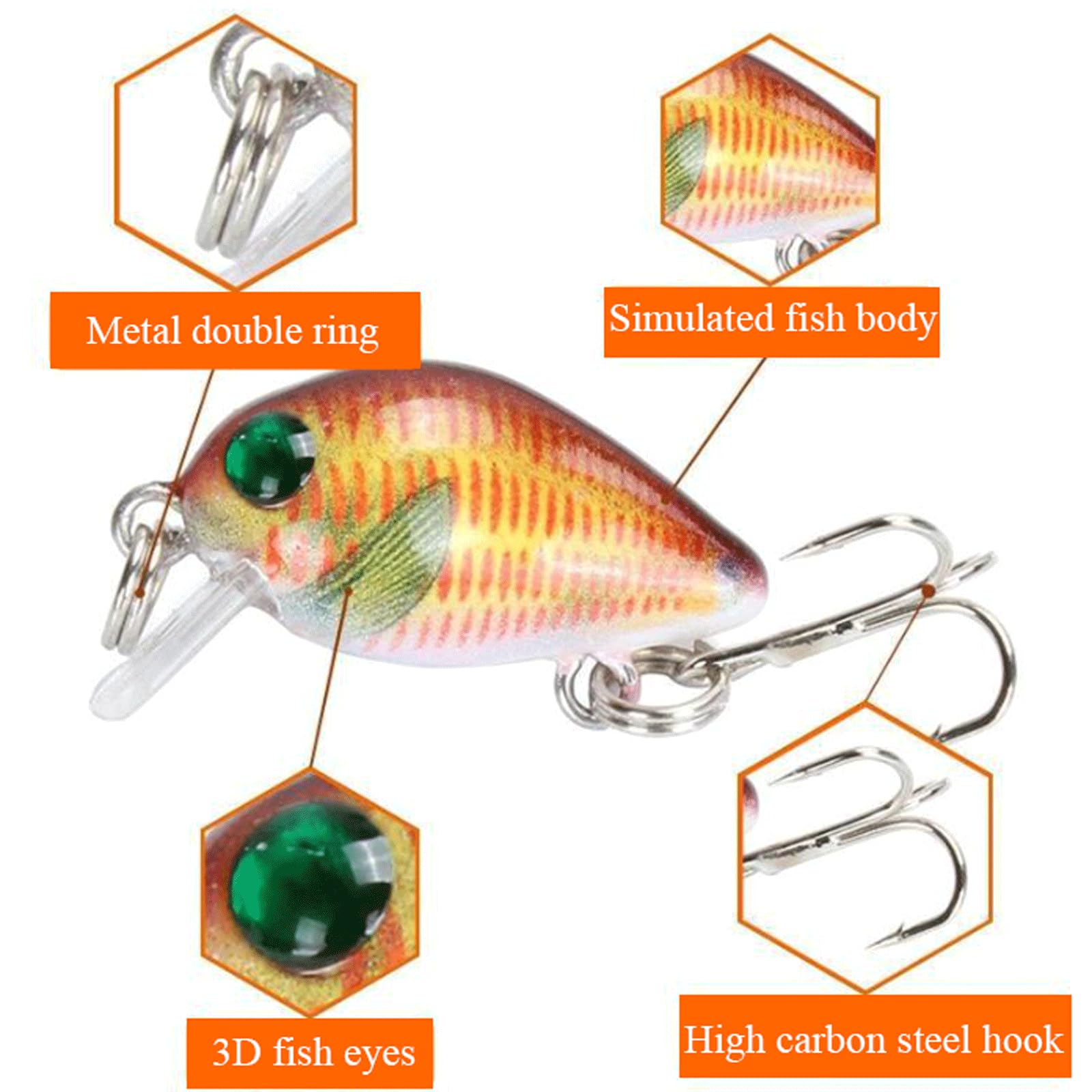 Coffret d'appâts de pêche : leurres flottants de type crankbait, leurres de type minnow, leurres wobbler, appâts pour la pêche à la truite, à la perche, au bar et au sandre. Matériel de pêche.