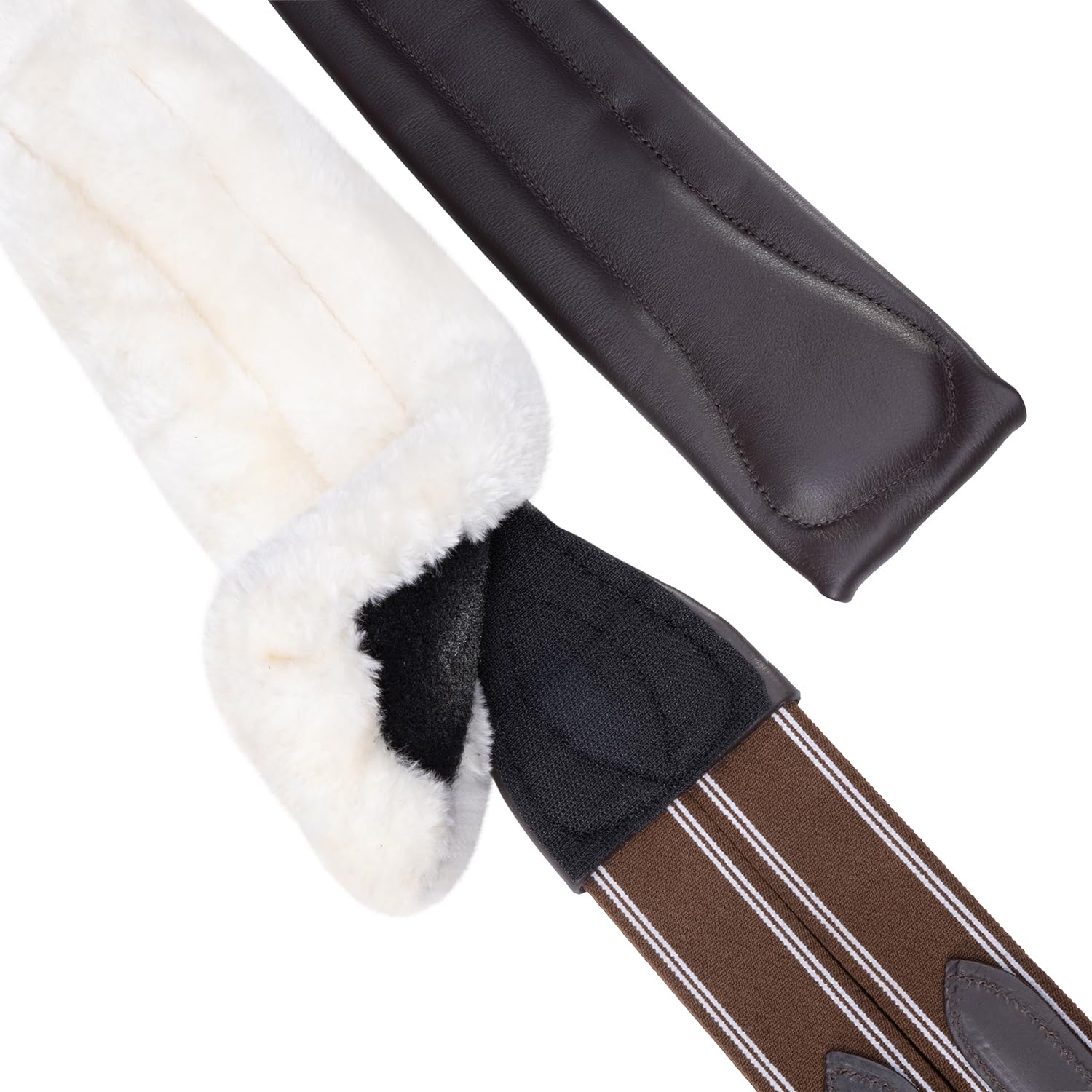 SUNRIDE Cincha 2 en 1 con Borrego para Caballo (SohoFlex) - Sistema DualChange - Cuero Genuino - Anillas en D - Hecho a Mano - Inserciones Elásticas - Hebillas de Rodillo (marrón, 120 cm)