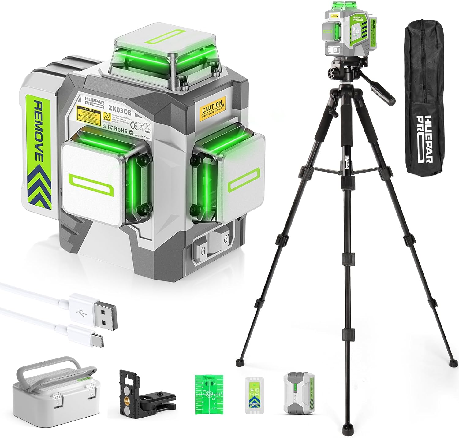 Huepar Pro Laser Level 360 Self Leveling with 50inch Tripod, 3 x 360° High Brightness Green Laser Leveler Tool for Construction, Tile and Picture Hanging, 8000mAh Li-ion Battery & Magnetic Bracket