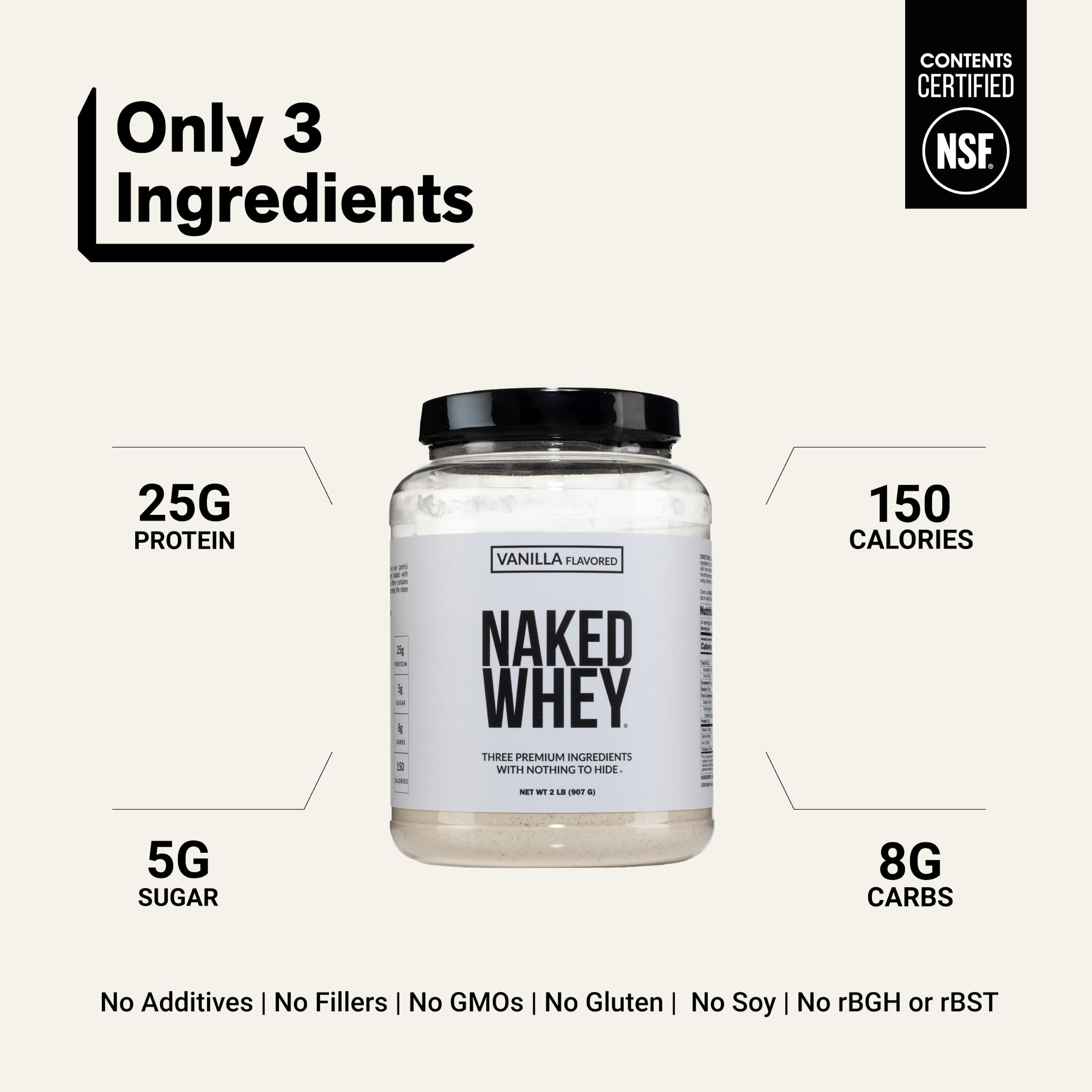 NAKED Whey Vanilla Protein Powder - Only 3 Ingredients - Grass Fed Whey Protein Powder, Vanilla Flavor, and Organic Coconut Sugar, NSF Certified, No GMO, No Soy, and Gluten Free - 24 Servings — Amazon image 3