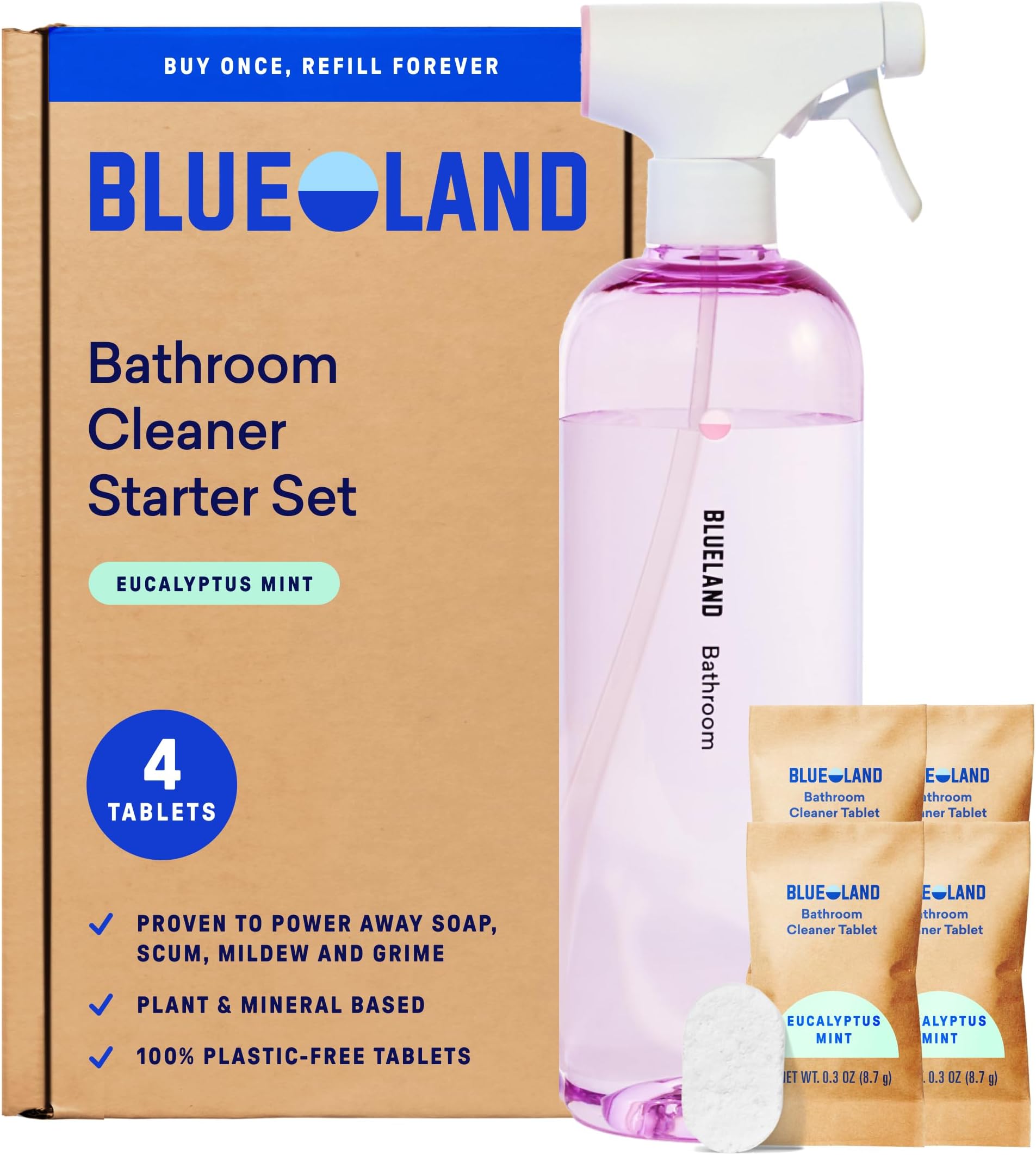 Bathroom Cleaner, Starter Set, Eucalyptus Mint Scent, Spray Bottle with 4 Refill Tablets, Eco-Friendly Cleaning Supplies, 4 x 24 Fl oz