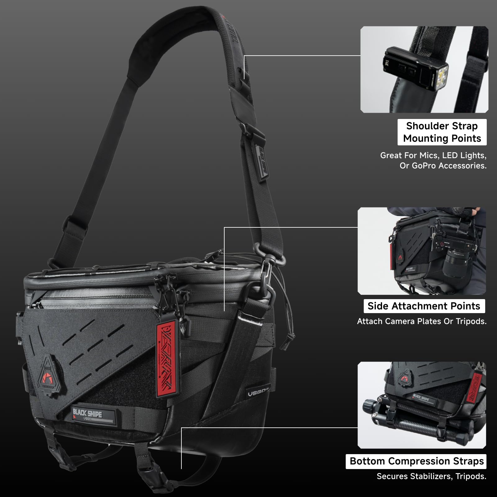 VSGO Black Snipe Pro 7-9L Erweiterbare Kameratasche – Wasserabweisender Techwear-Stoff, Anti-Drehung, Modulare Trennwände & Stativhalter, Leichte Professionelle Kameratasche – Schwarz