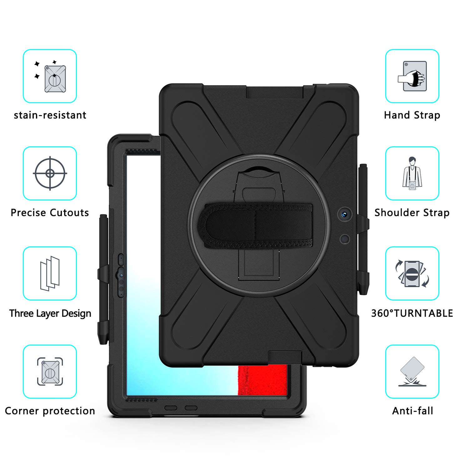 Custodia per Microsoft Surface Pro X 2021/2020/2019 - Visualizzazione multipla con cavalletto e cinghia da polso, tracolla per il trasporto, porta pennino, copertura aziendale per Surface Pro