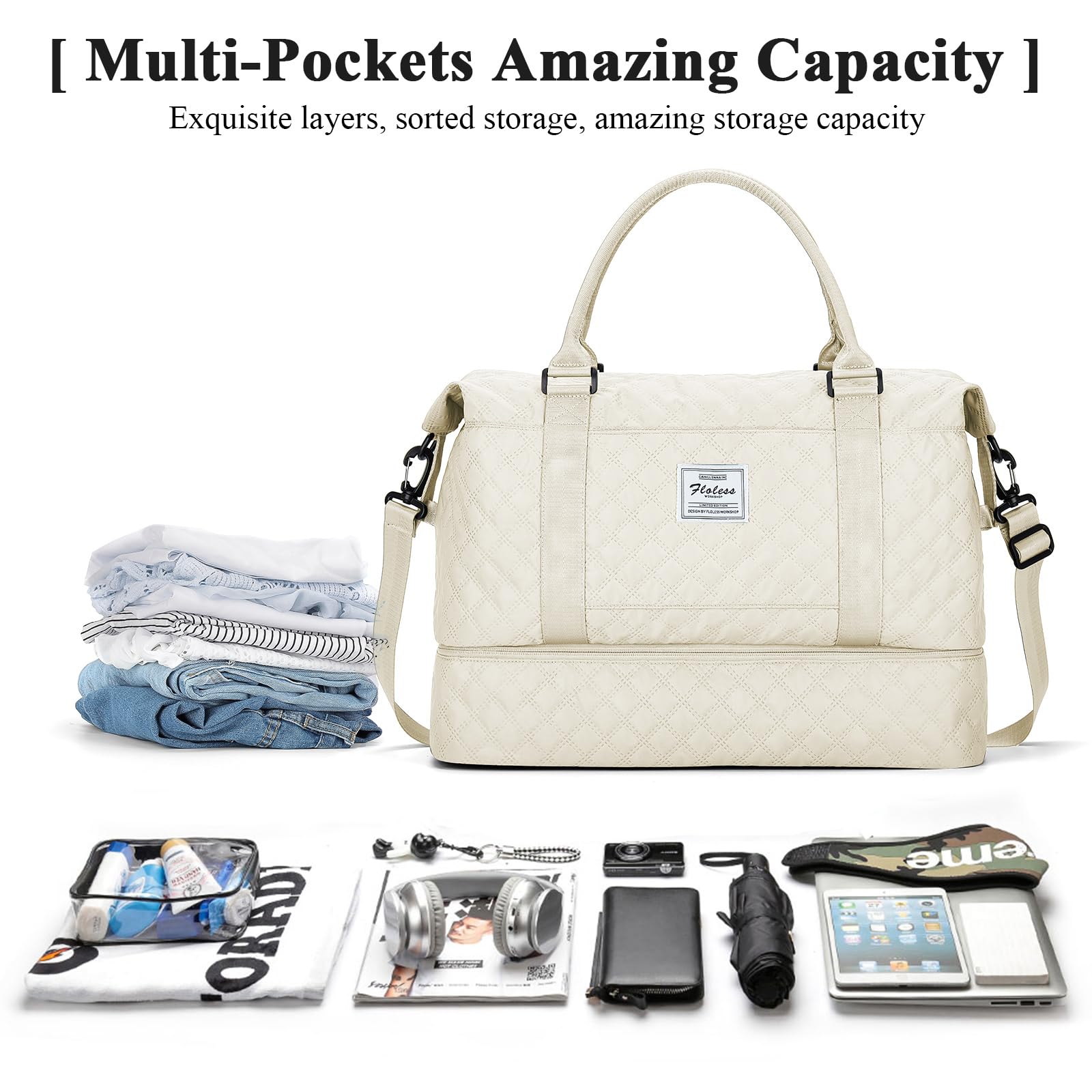 Borsone da Viaggio Donna, Bagaglio a Mano Borsa da Viaggio con Scomparto per le Scarpe, Borsa Sportiva Borsone da Palestra Grande, Borsa da Weekend, Borsa per Ospedale,H5-Beige